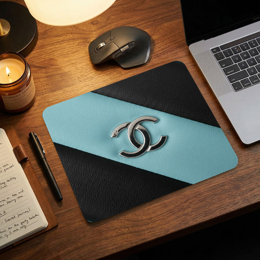 Chanel logo mousepad with black and light blue leather design.