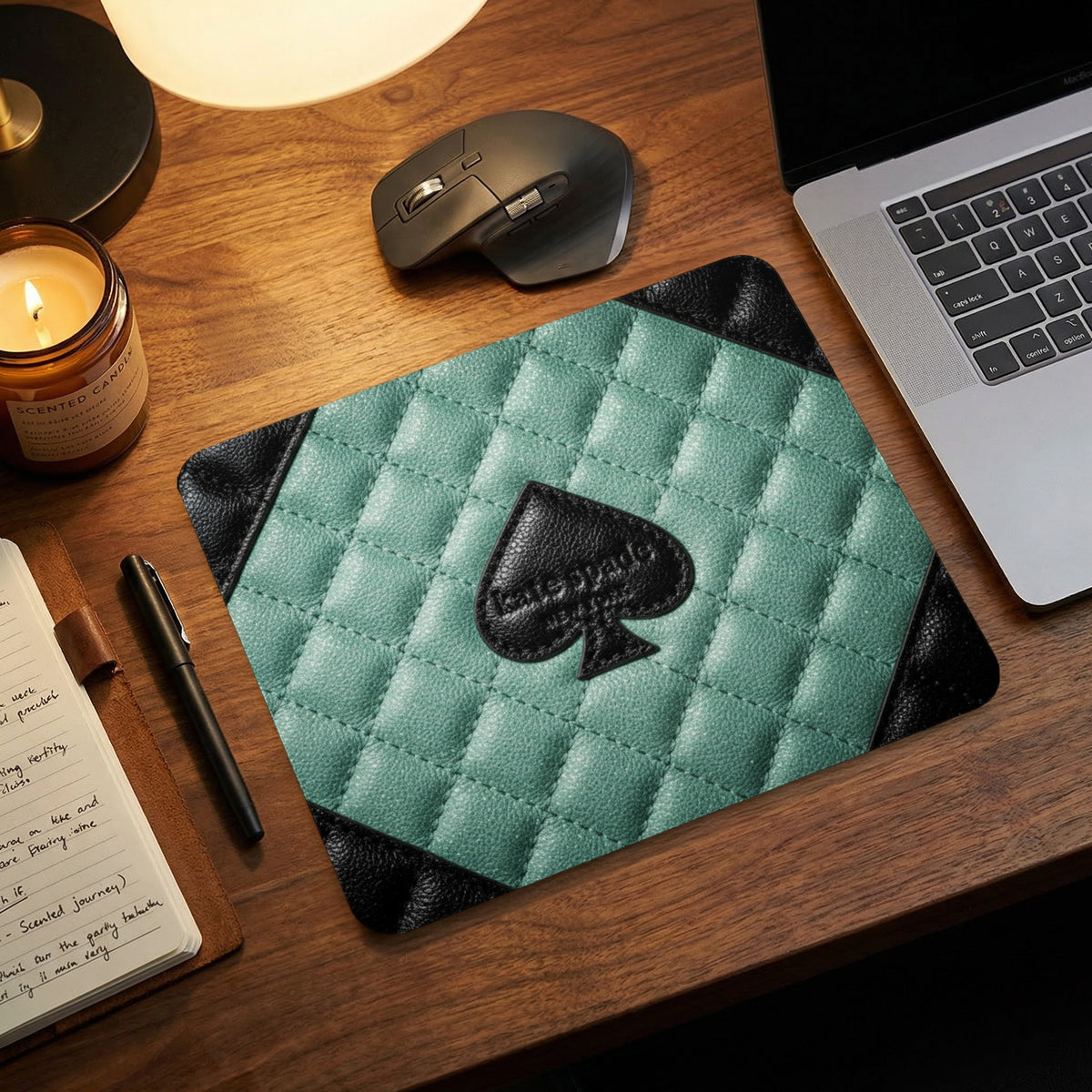 Quilted teal mousepad with black spade logo and trim.