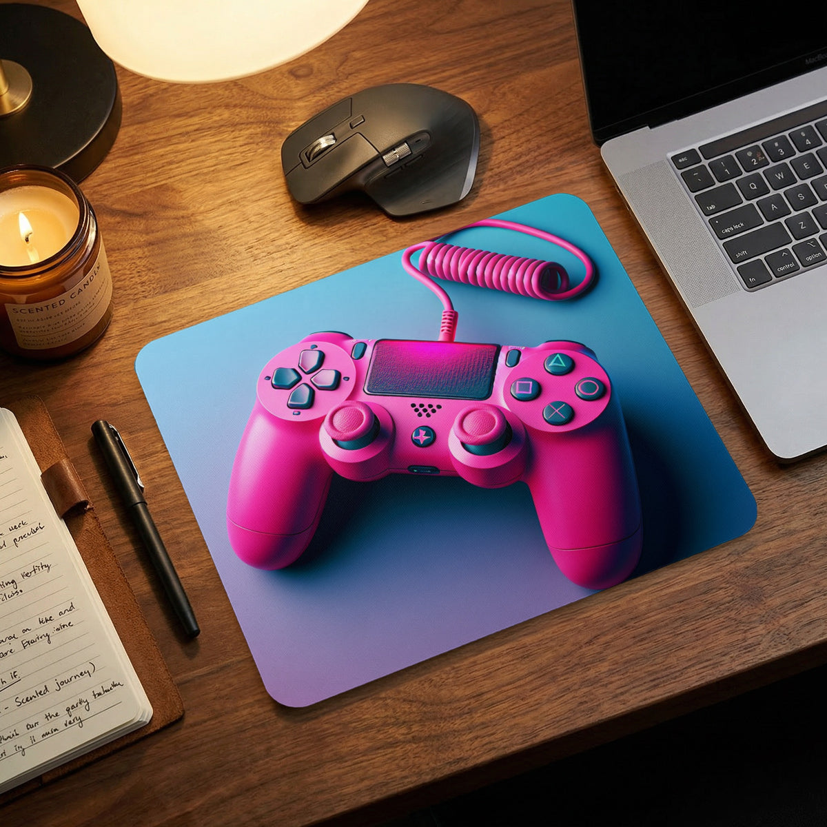 A vibrant pink gaming controller sits on a blue and purple mousepad on a wooden desk.