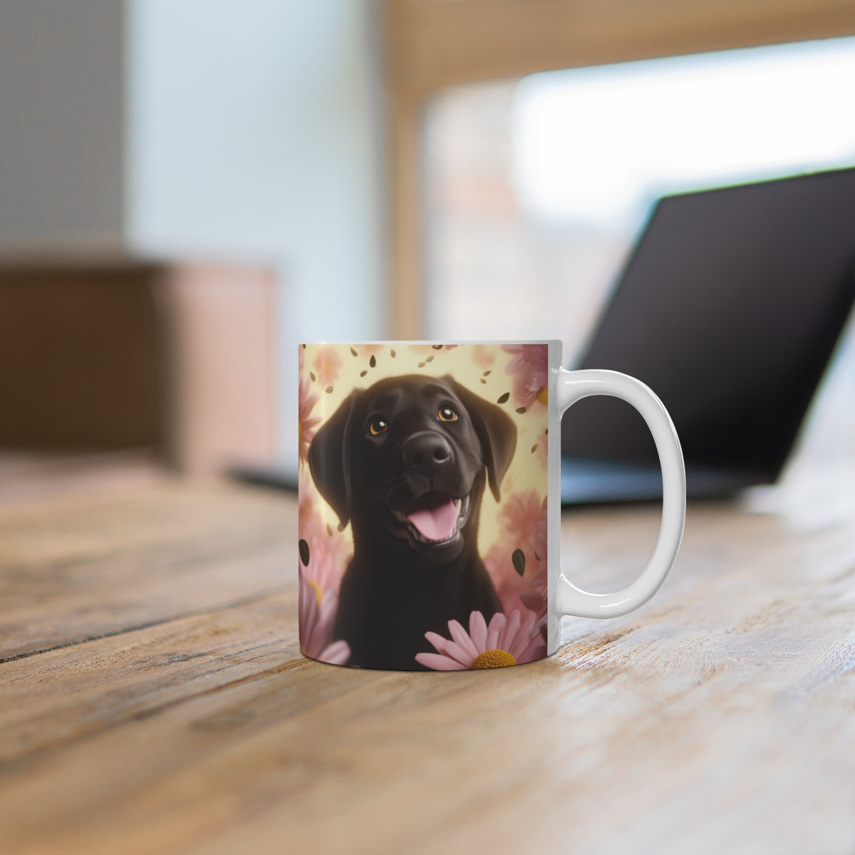 Adorable Black Labrador Surrounded by Flowers Mug