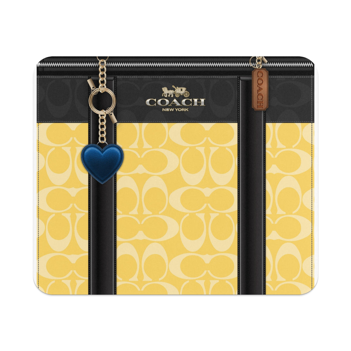 Coach bag with yellow C logo pattern, black trim, and blue heart charm.