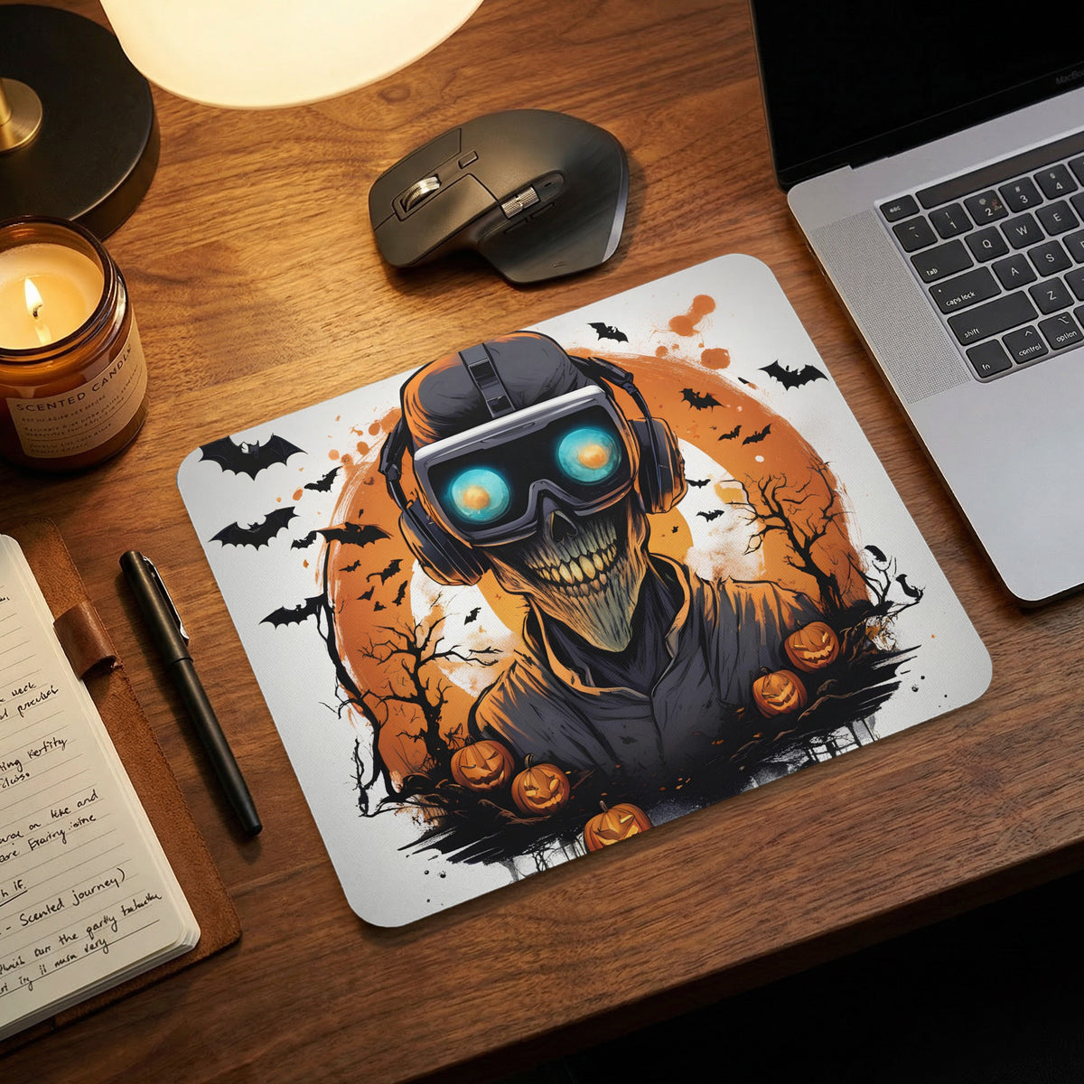 A Halloween-themed mousepad on a wooden desk next to a laptop, mouse, candle, and notebook.