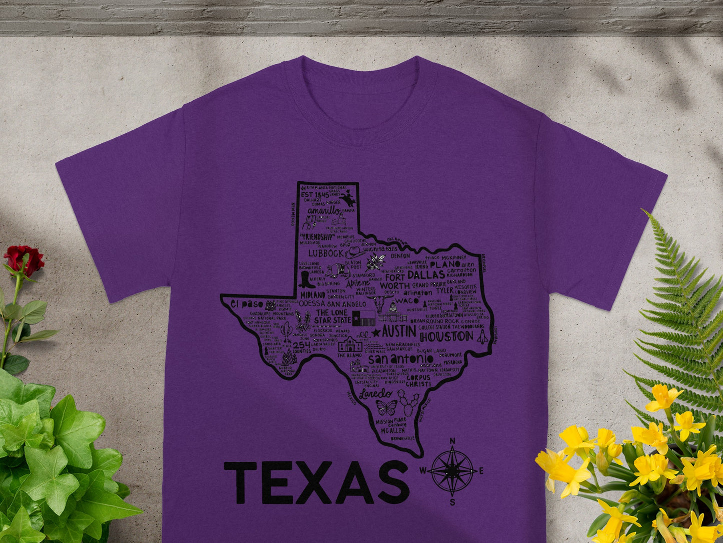 Texas Map Design on Purple T-Shirt Texas Apparel