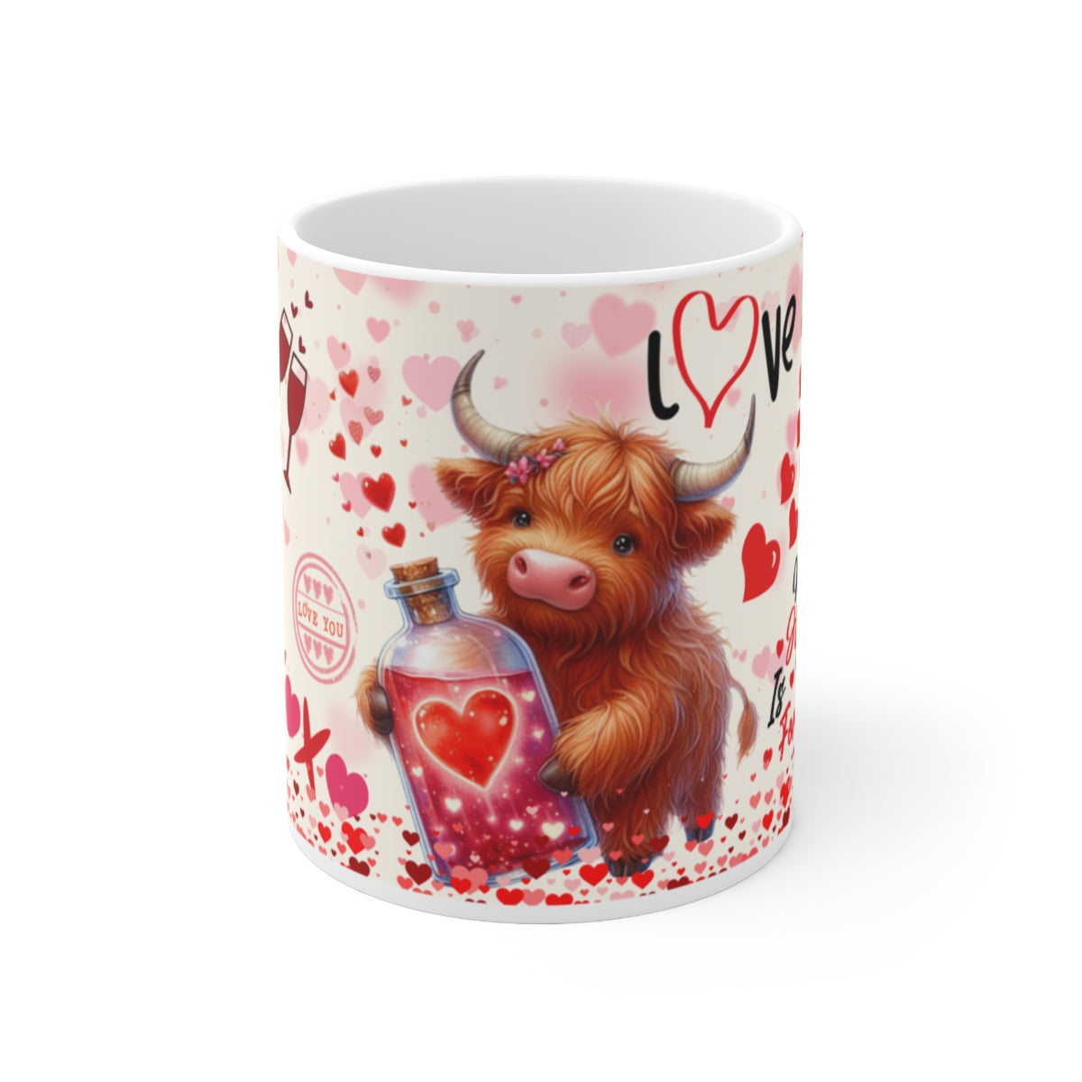Cute Romantic Highland Cow with Heart Bottle Mug