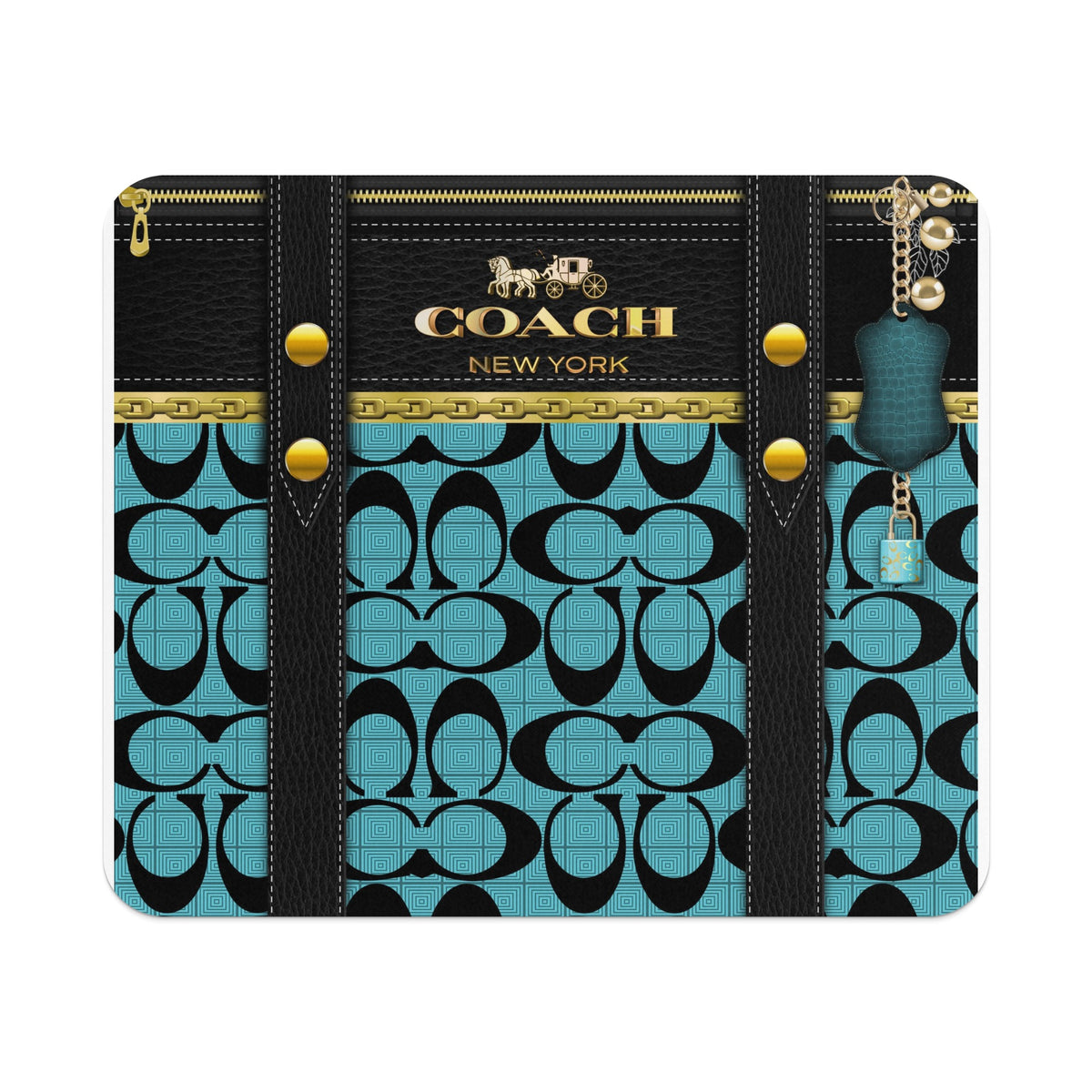 Coach pattern on teal with black leather accents and gold hardware.