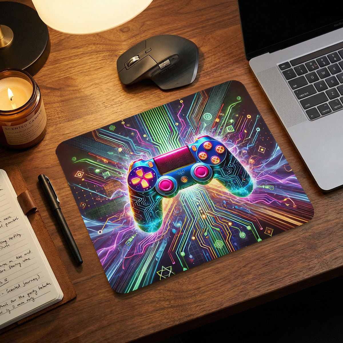 A rectangular gaming mouse pad featuring a vibrant, glowing video game controller amid colorful circuit board patterns.