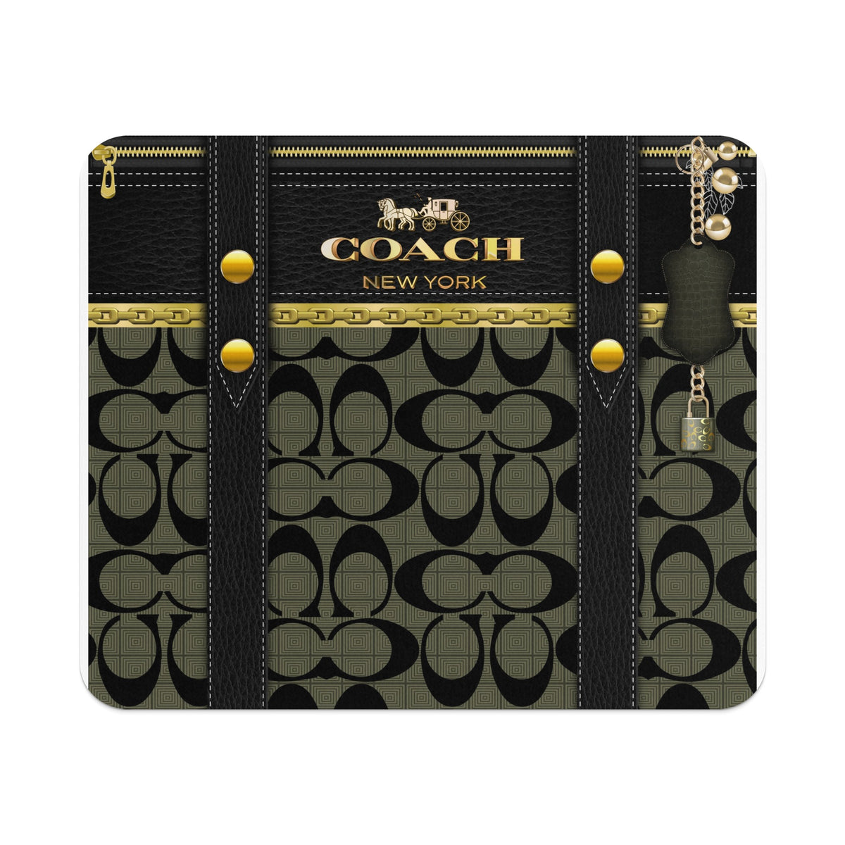 A rectangular mousepad featuring a Coach New York monogram pattern with black leather straps and gold hardware.