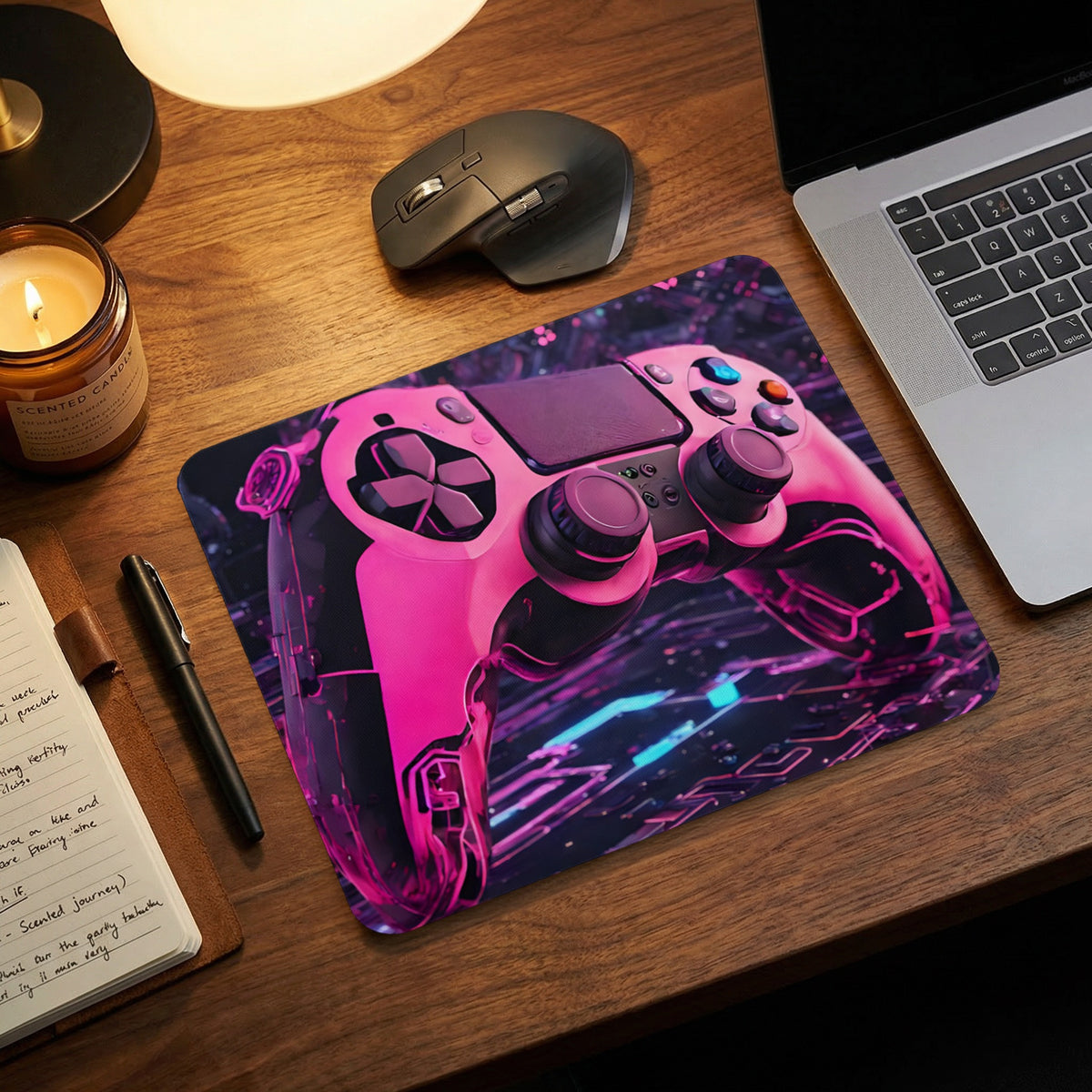 A rectangular desk mat featuring a vibrant pink and purple gaming controller print on a wooden desk.