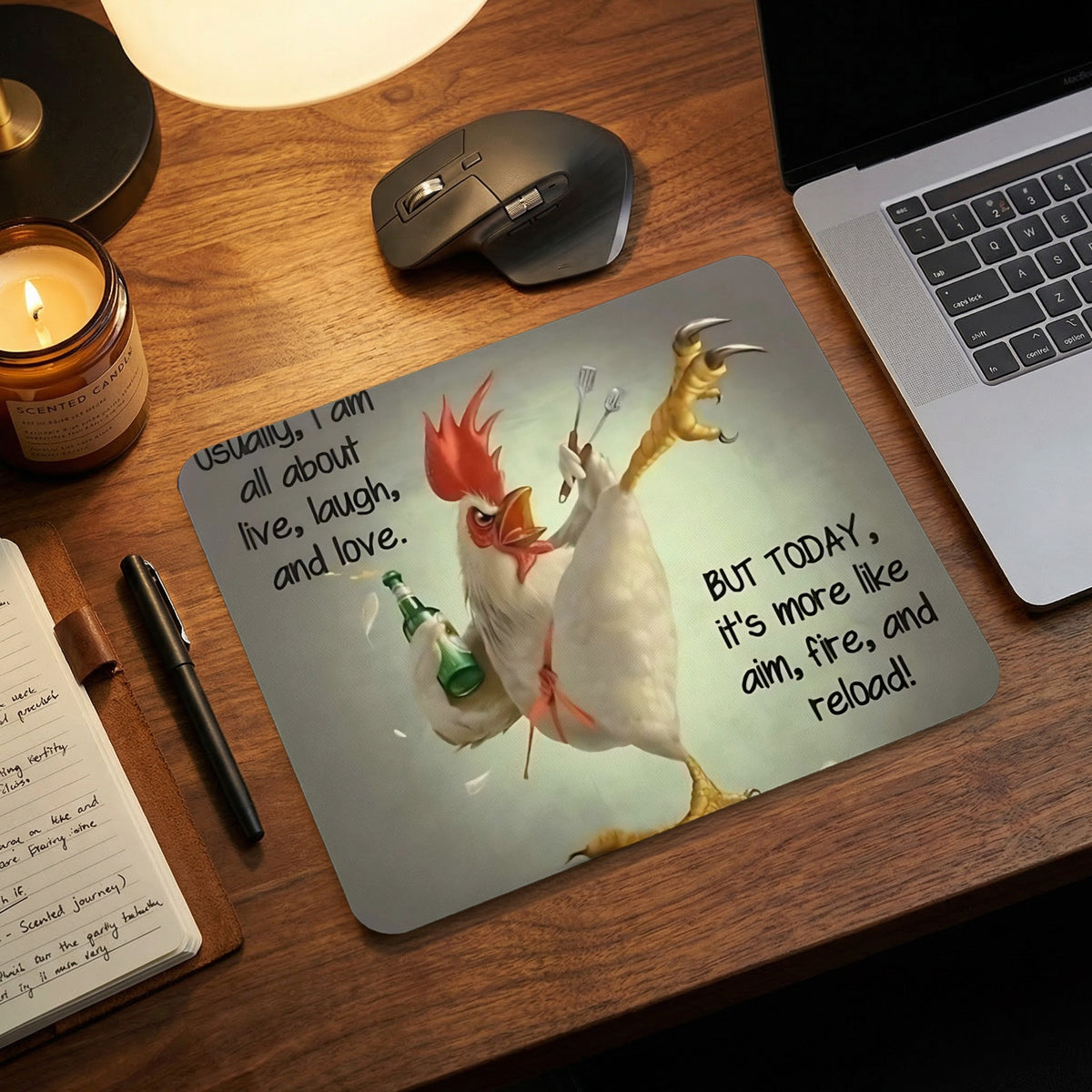 A desk setup features a mousepad with an illustration of a feisty chicken holding a bottle and forks, surrounded by humorous text.