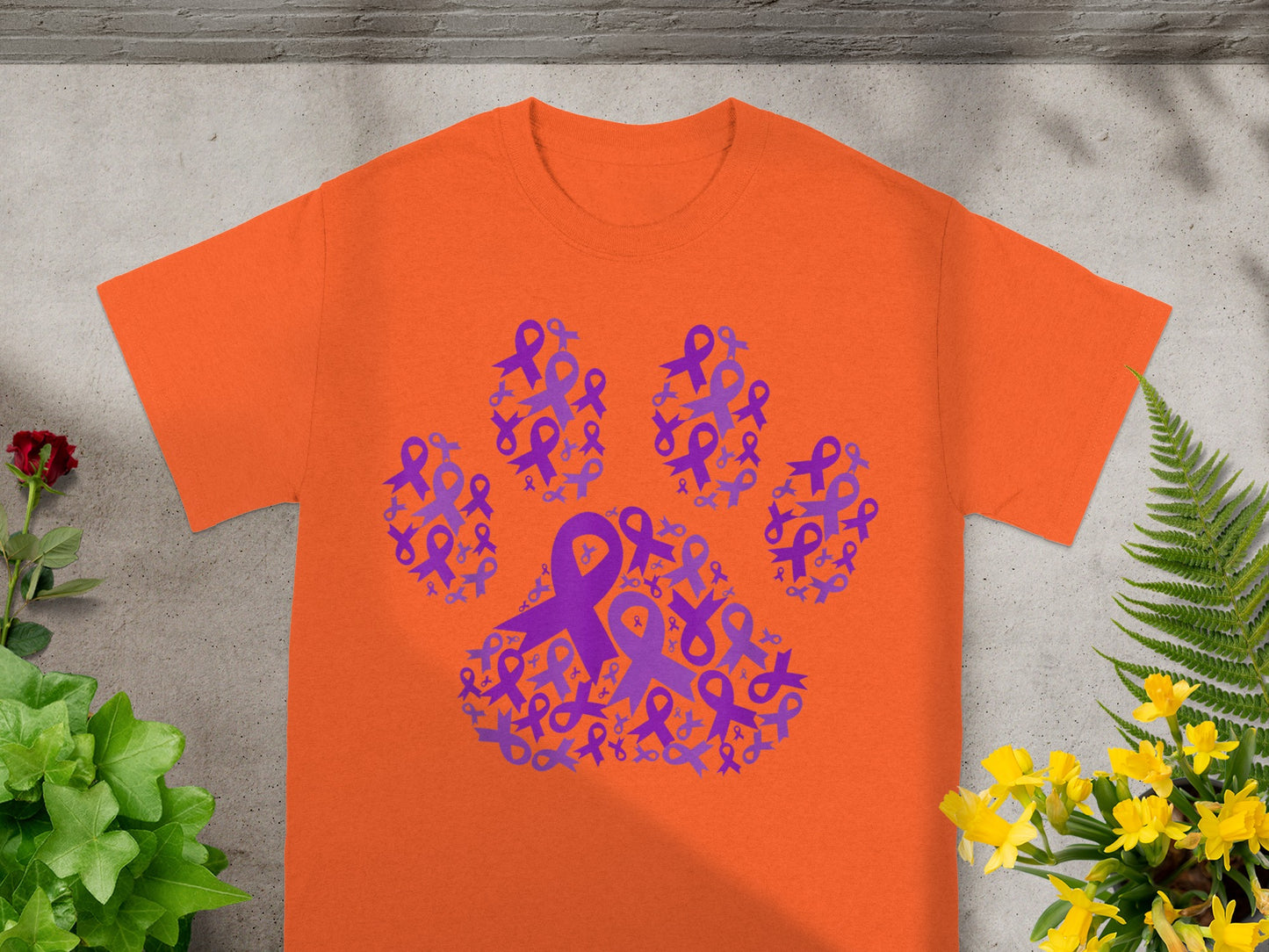 Orange T-Shirt with Purple Ribbon Paw Print Design