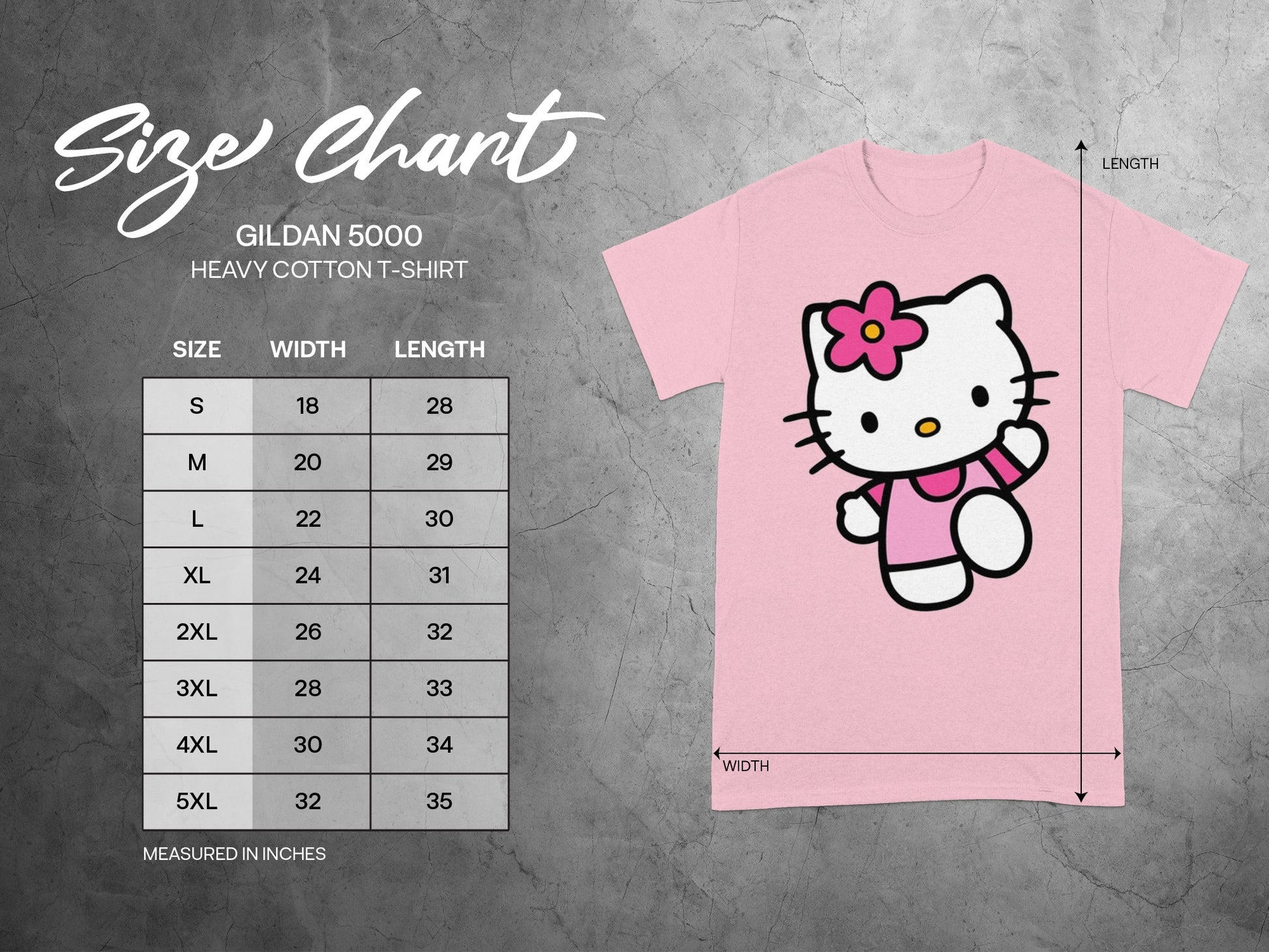 GILDAN 5000 Pink Size Chart Measured In Inches T-shirt product type