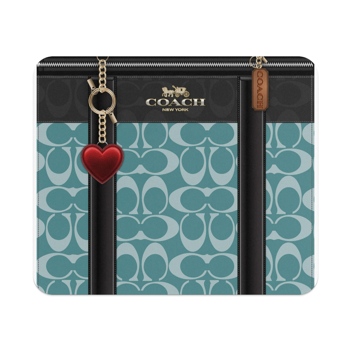 Coach wallet with Signature C pattern, gold hardware, and a red heart charm.