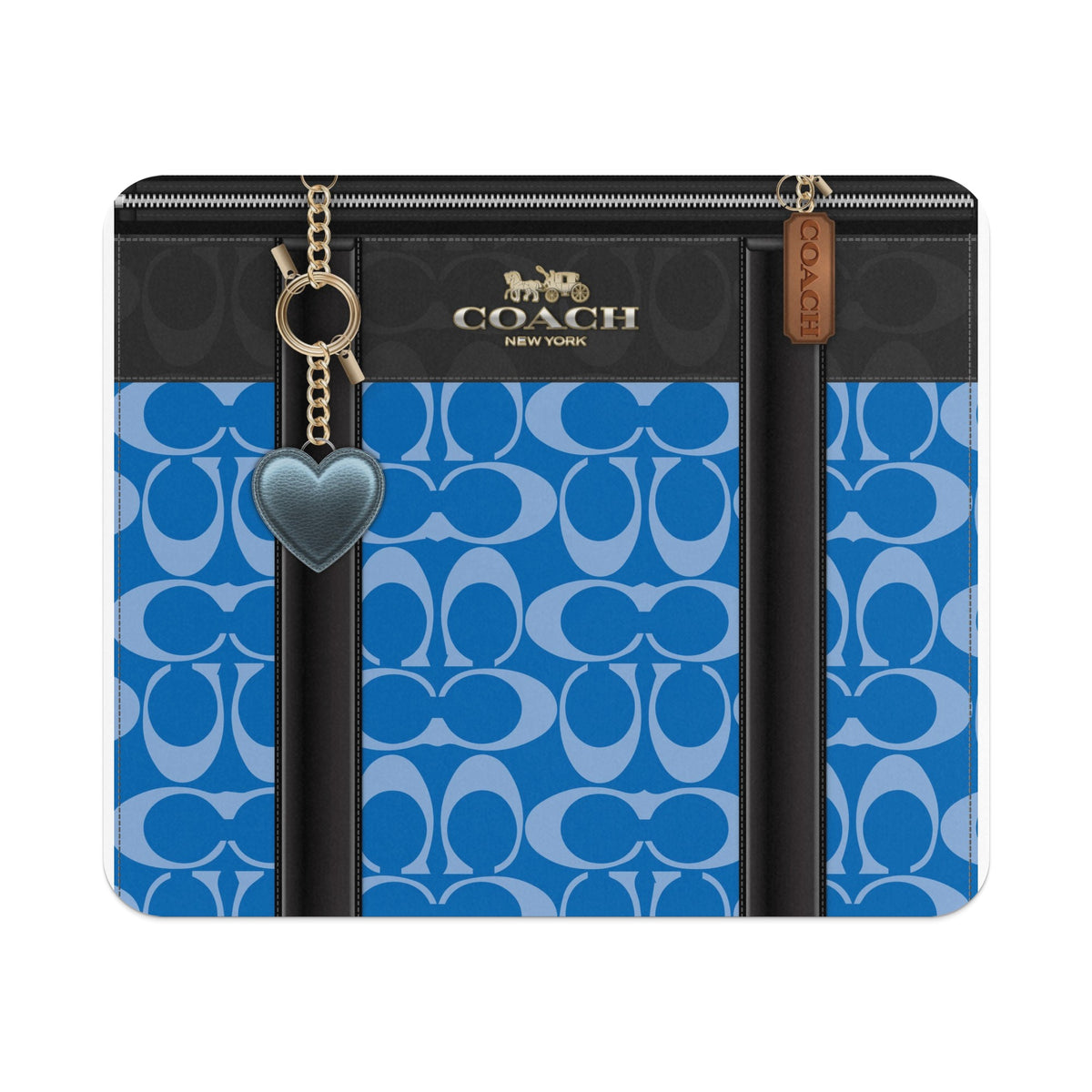 Coach clutch with blue signature pattern, gold hardware, and heart charm.