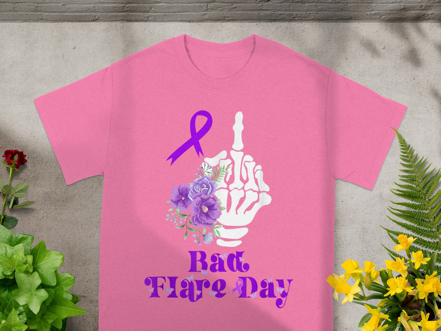 Bad Flare Day Skeleton Floral Ribbon Graphic T-Shirt