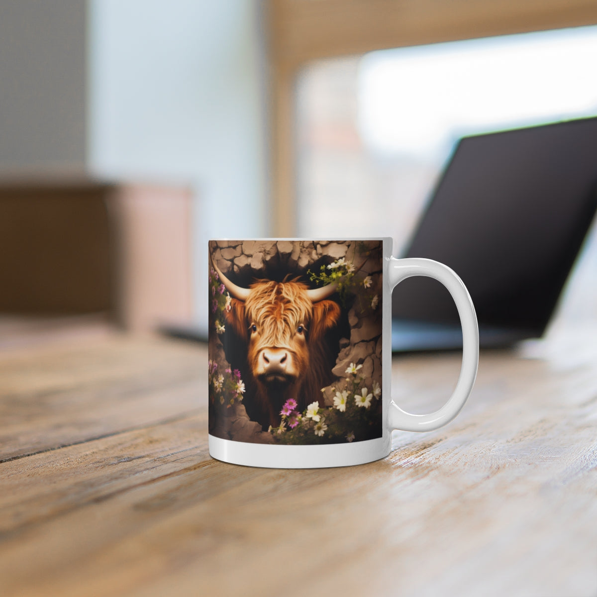 Highland Cattle Peering Through Flowers Coffee Mug