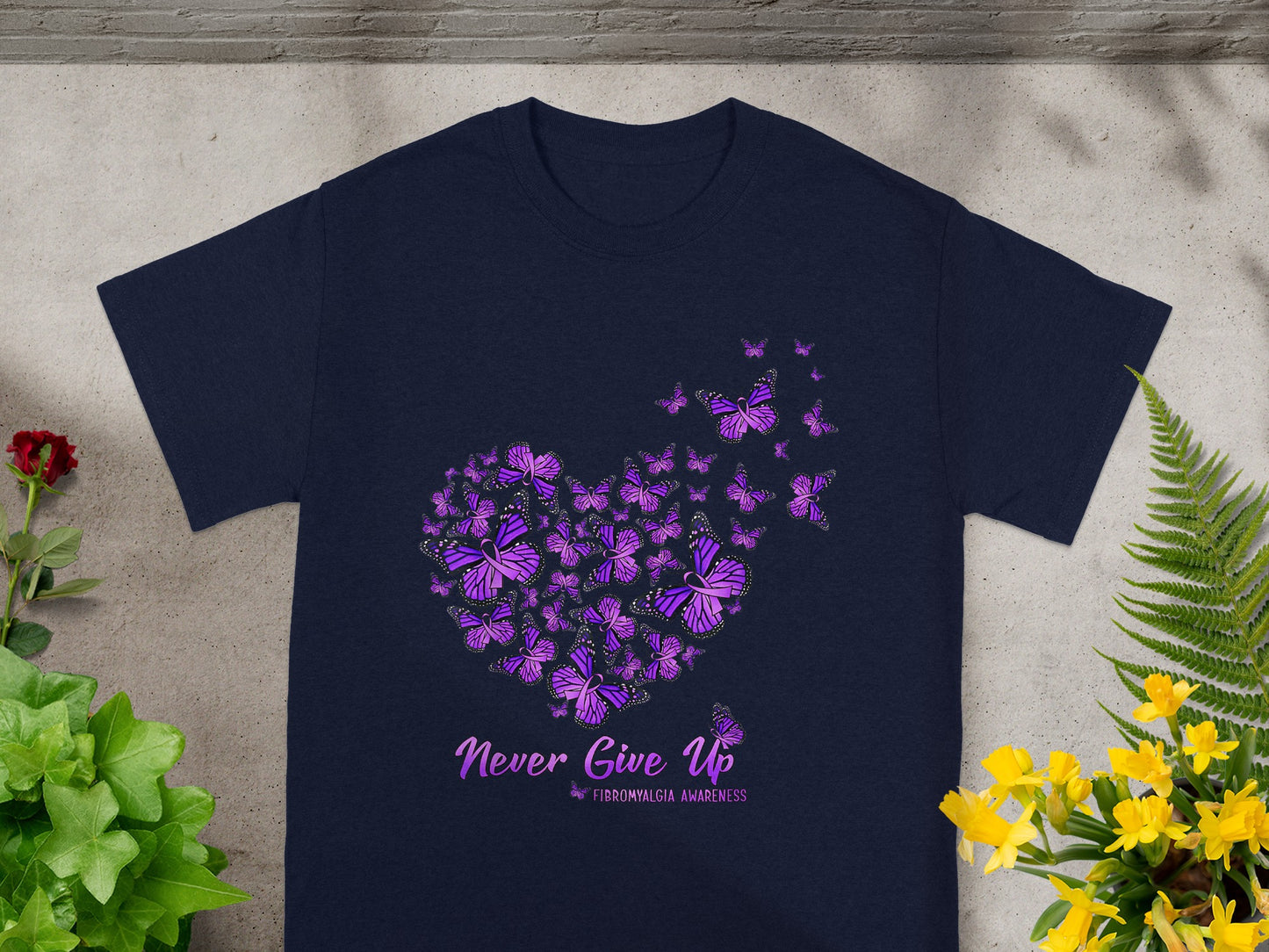 Never Give Up Fibromyalgia Awareness Butterfly Shirt