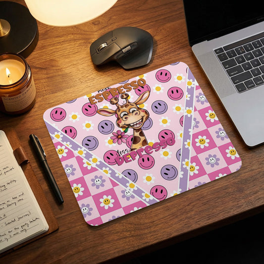 Pink mousepad with a giraffe, smiley faces, and flowers on a wooden desk with laptop and candle.