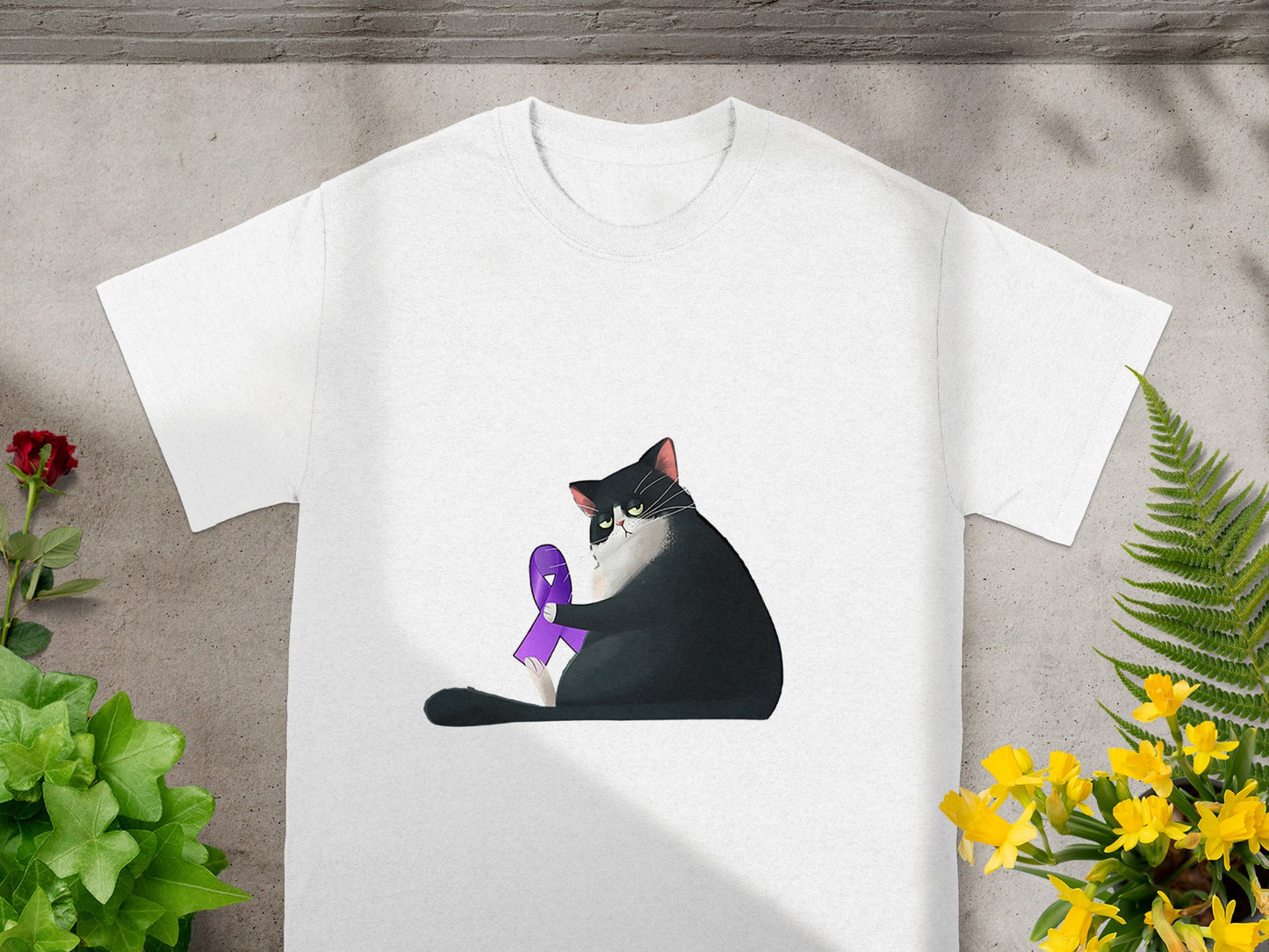 Cat with Purple Ribbon Graphic Design T-shirt