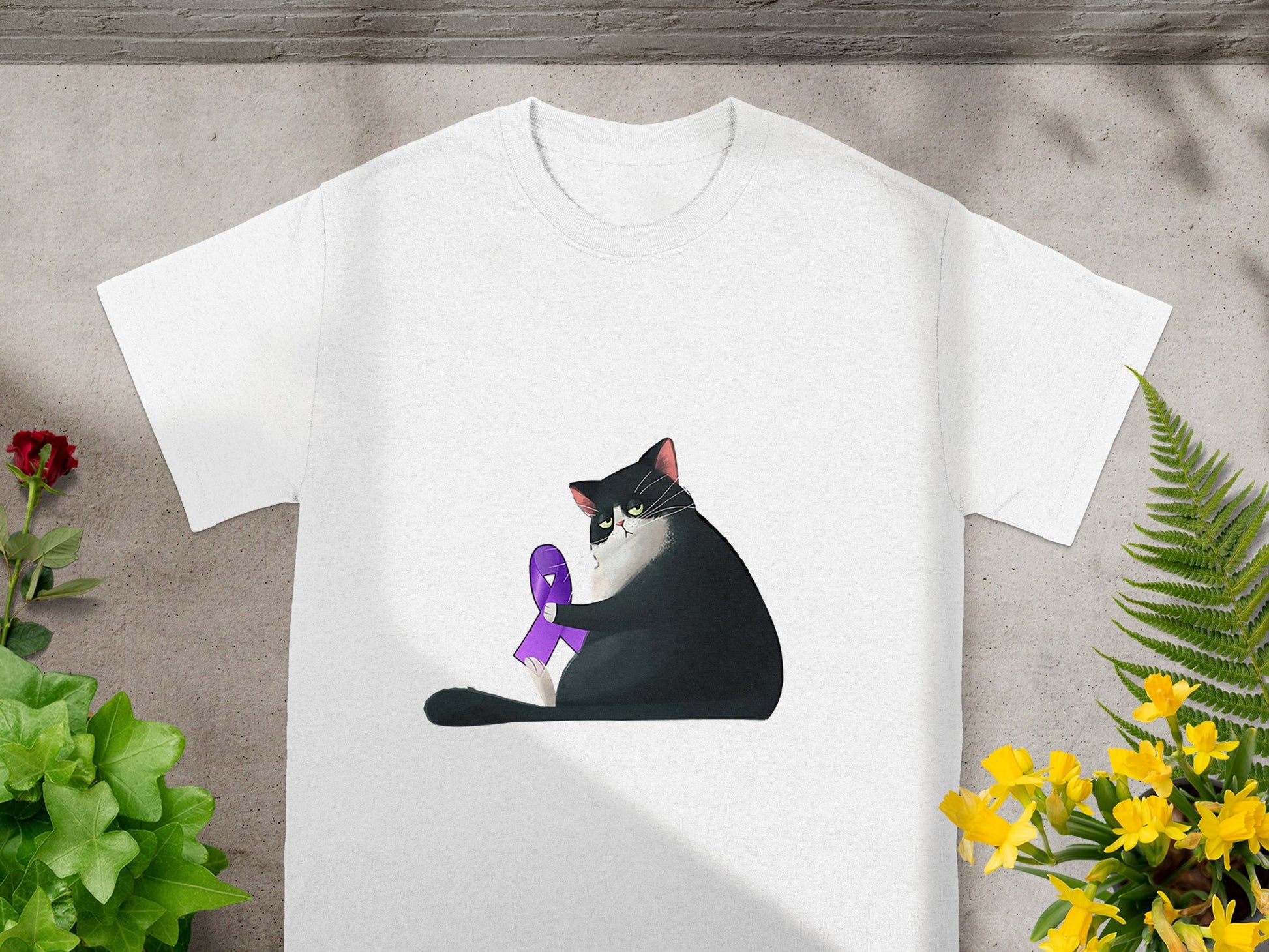 Cat with Purple Ribbon Graphic Design T-shirt
