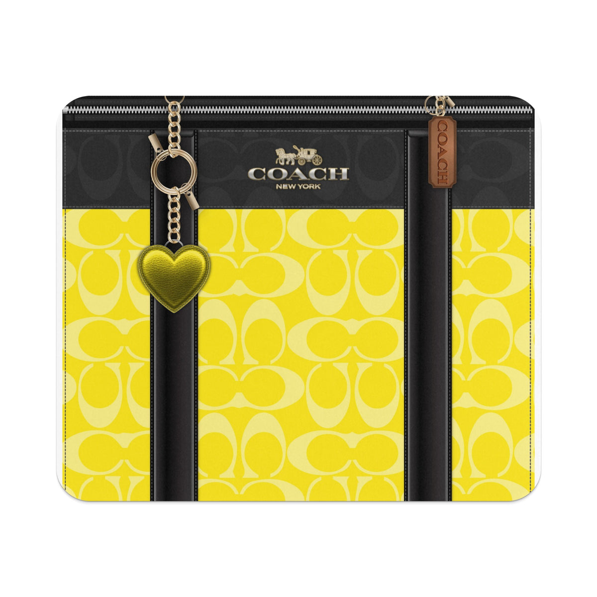 Coach monogram yellow and black wallet with gold heart charm and Coach tag.