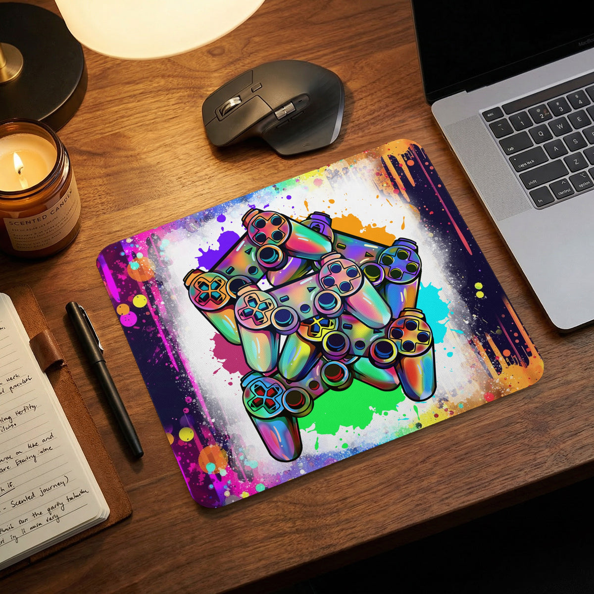 A colorful gaming mousepad featuring overlapping video game controllers on a wooden desk.