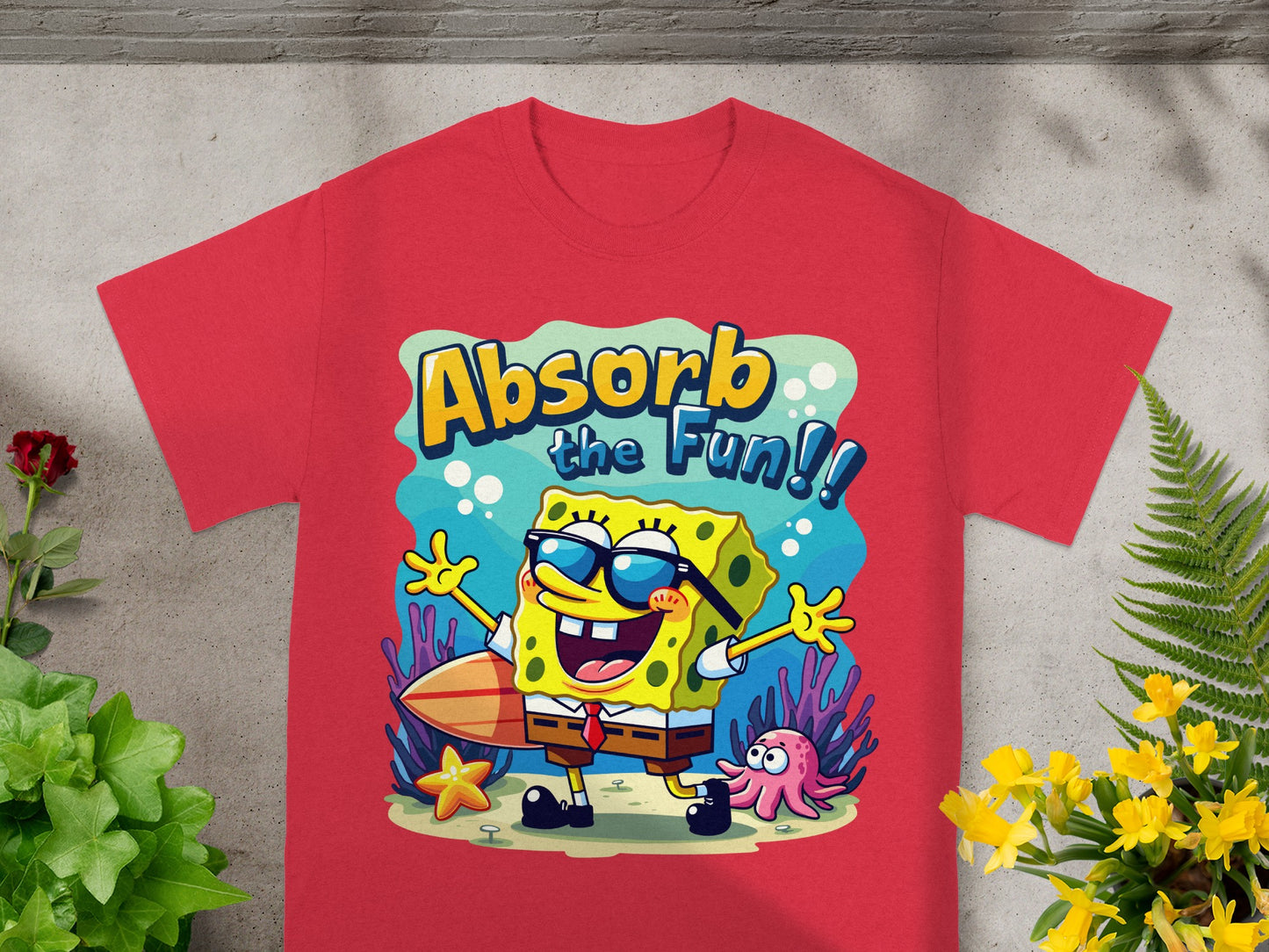 SpongeBob SquarePants on a red t-shirt with "Absorb the Fun!!" graphic.