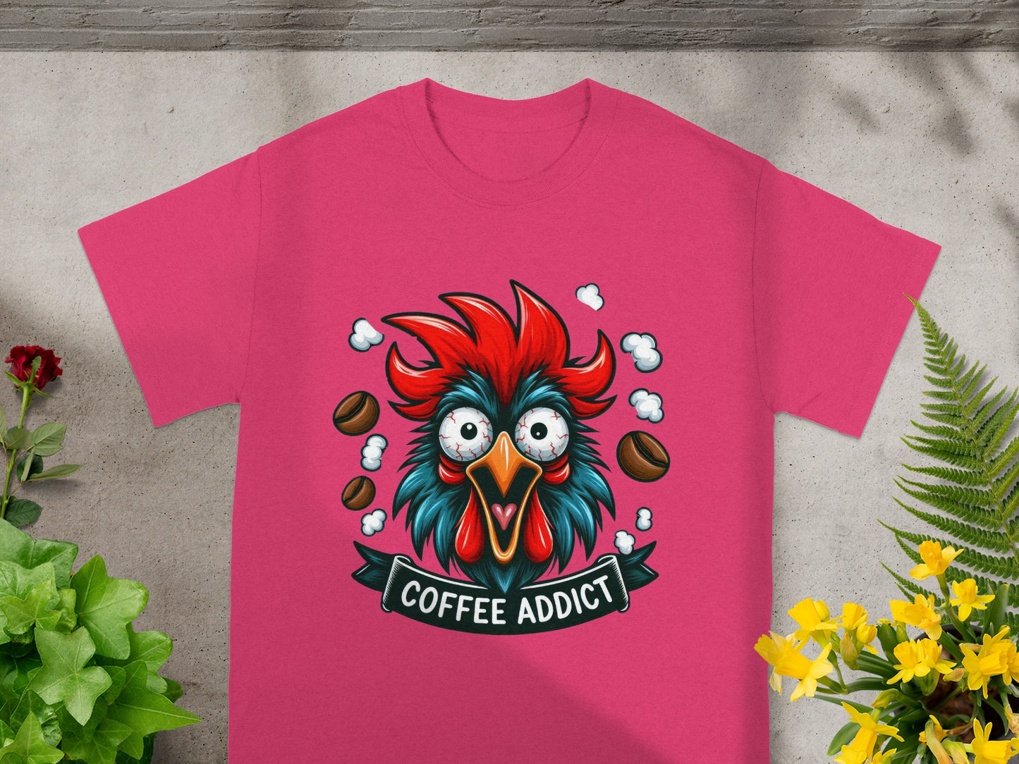 Coffee Addict Rooster Pink T-Shirt Fun Graphic Tee