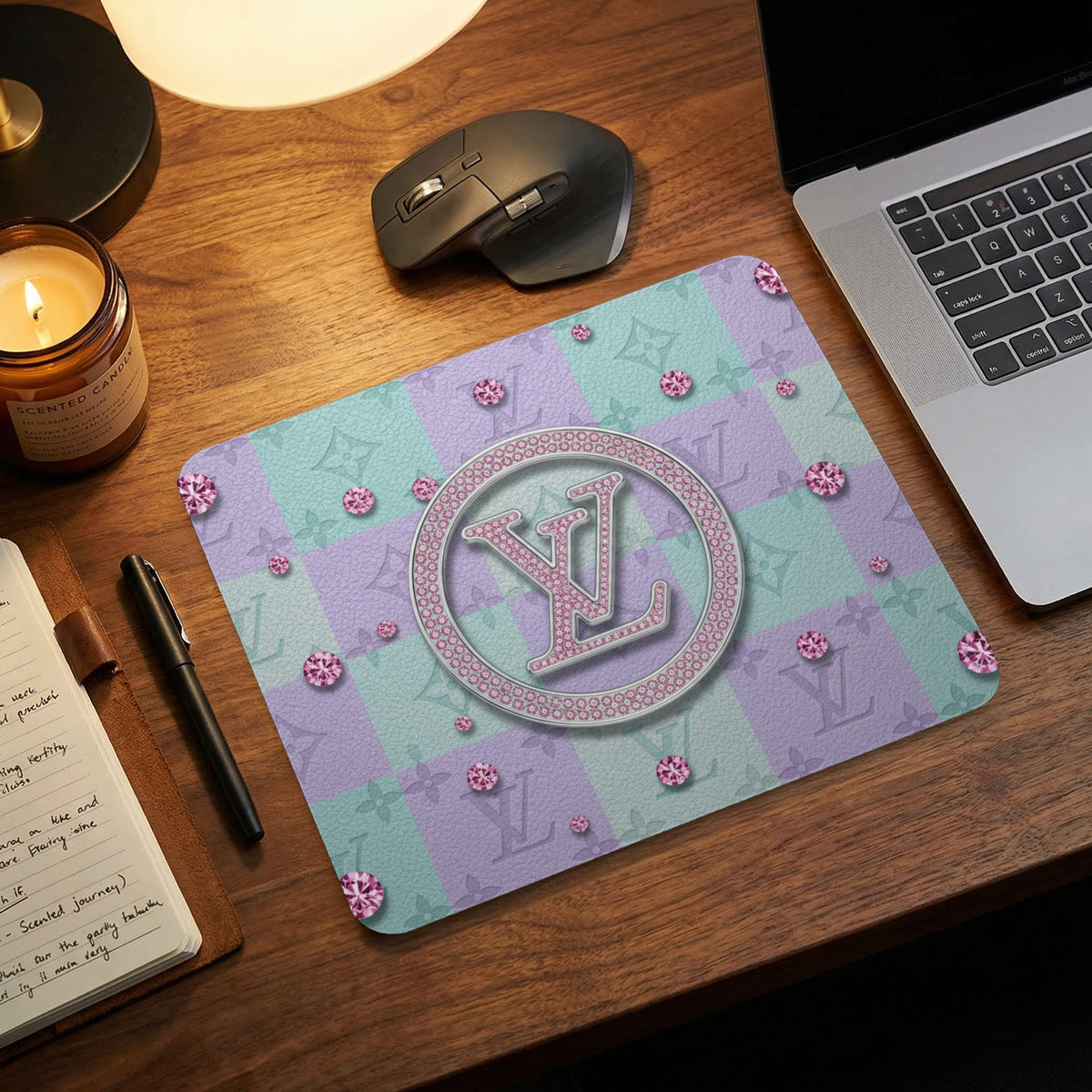 Mousepad with a pink and teal checkered pattern, LV logo, and diamonds.