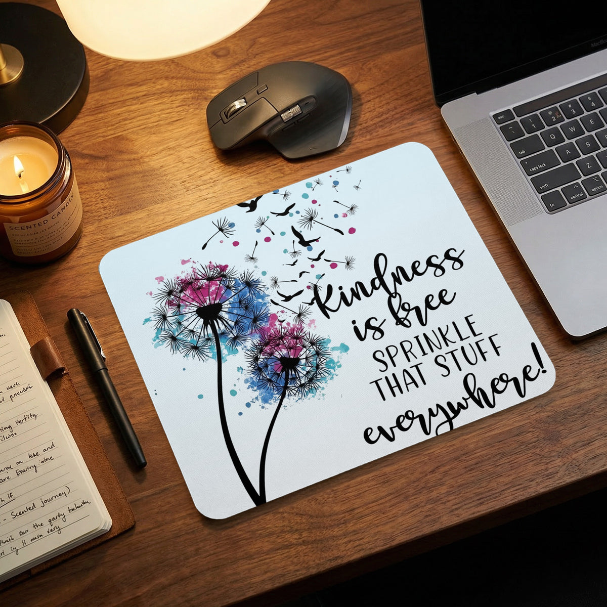 Mousepad with dandelions and the text "Kindness is free, sprinkle that stuff everywhere!"