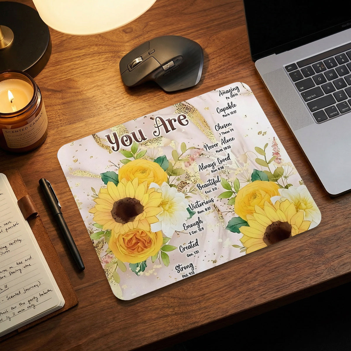 Floral mousepad with "You Are" and inspirational Bible verses.