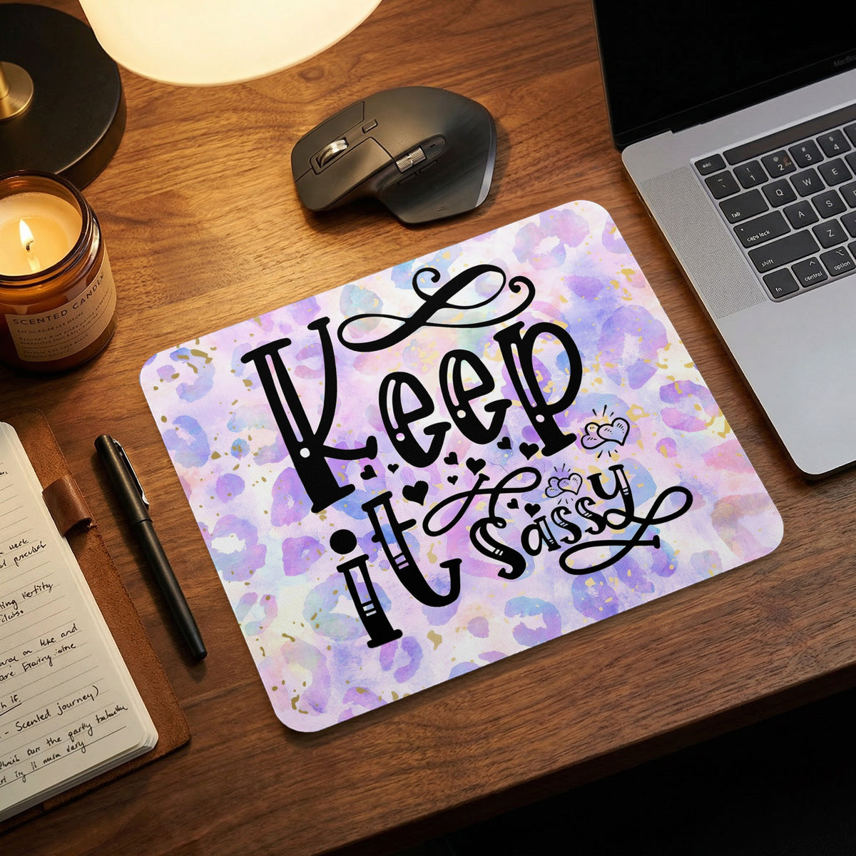 A rectangular mousepad with a purple watercolor leopard print and the black text Keep it Sassy.
