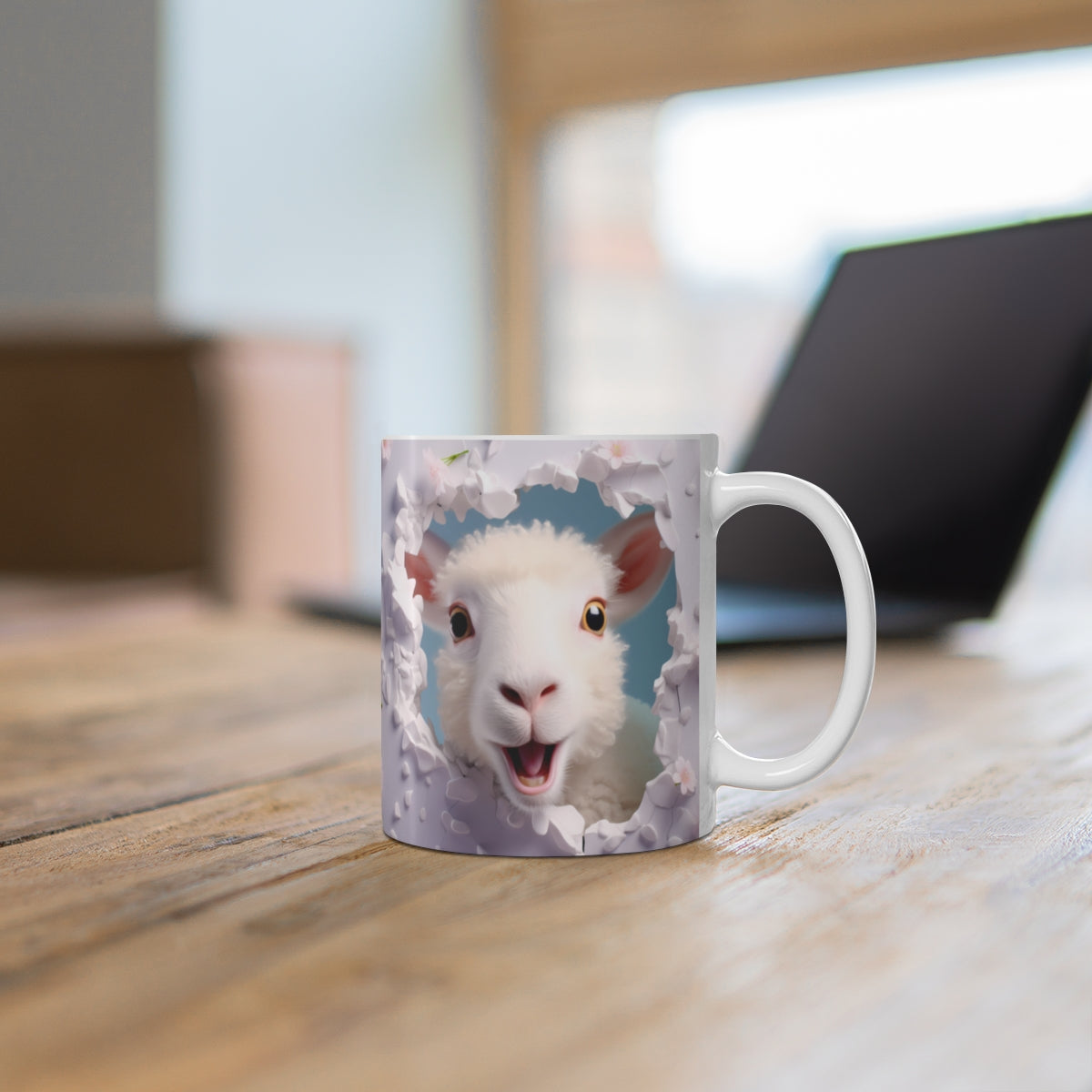 Cute Excited Sheep Face With Flowers Mug
