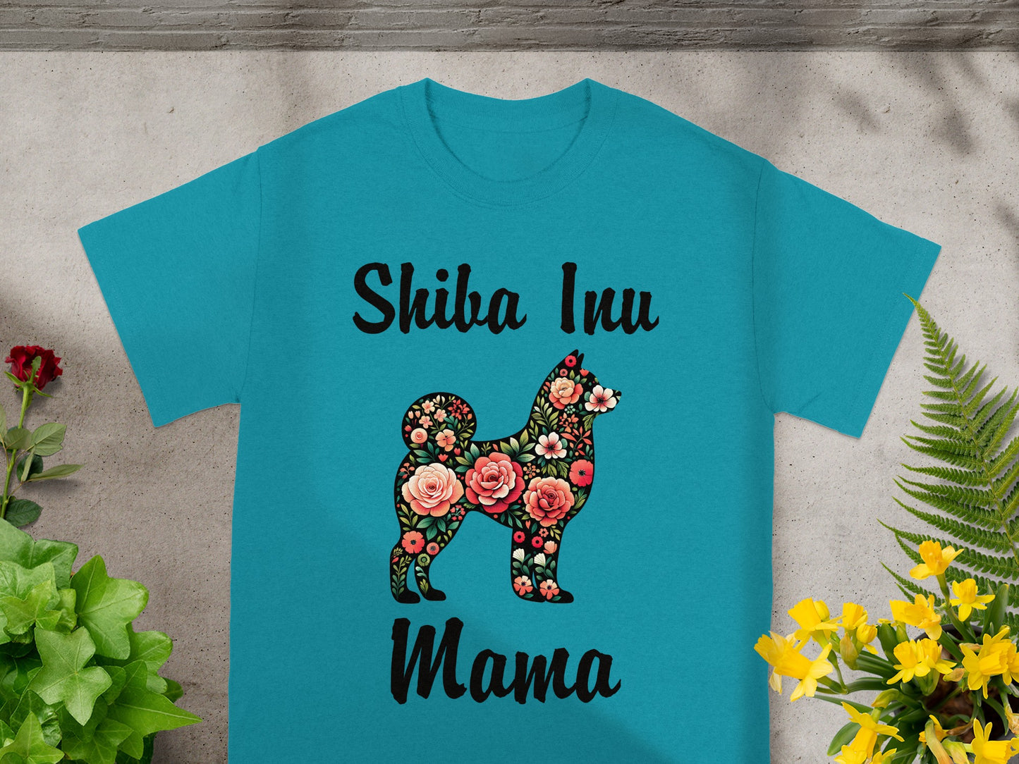 Teal t-shirt with "Shiba Inu Mama" text and a floral Shiba Inu silhouette.