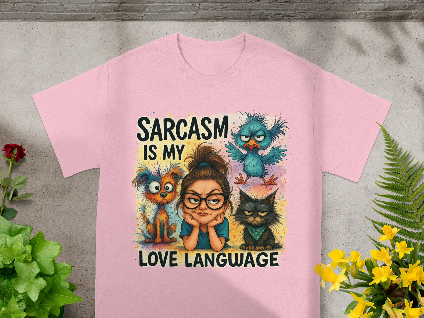 Pink t-shirt with "Sarcasm Is My Love Language" and cartoon animals.