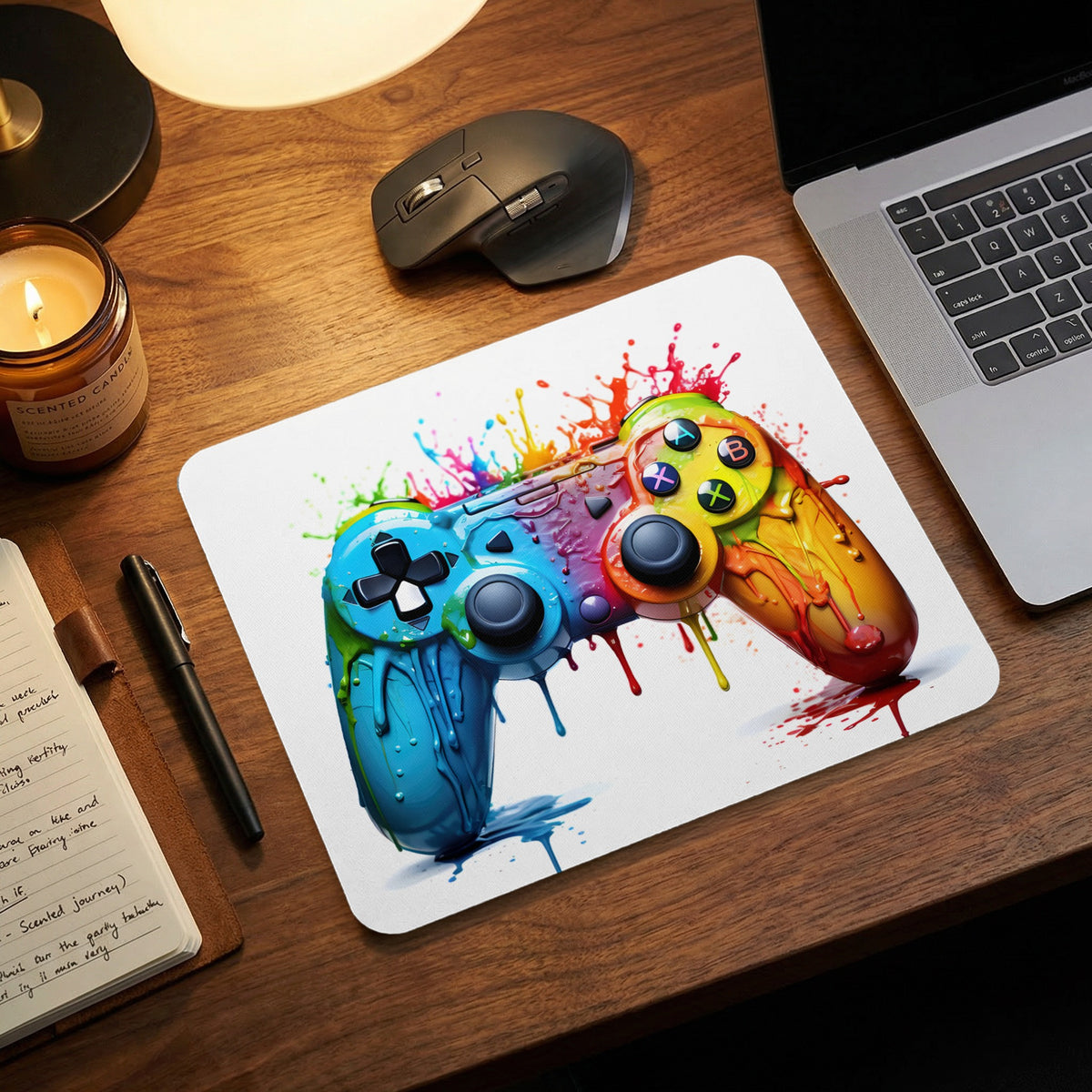 Mousepad featuring a colorful, melting game controller design on a wooden desk with laptop and notebook.