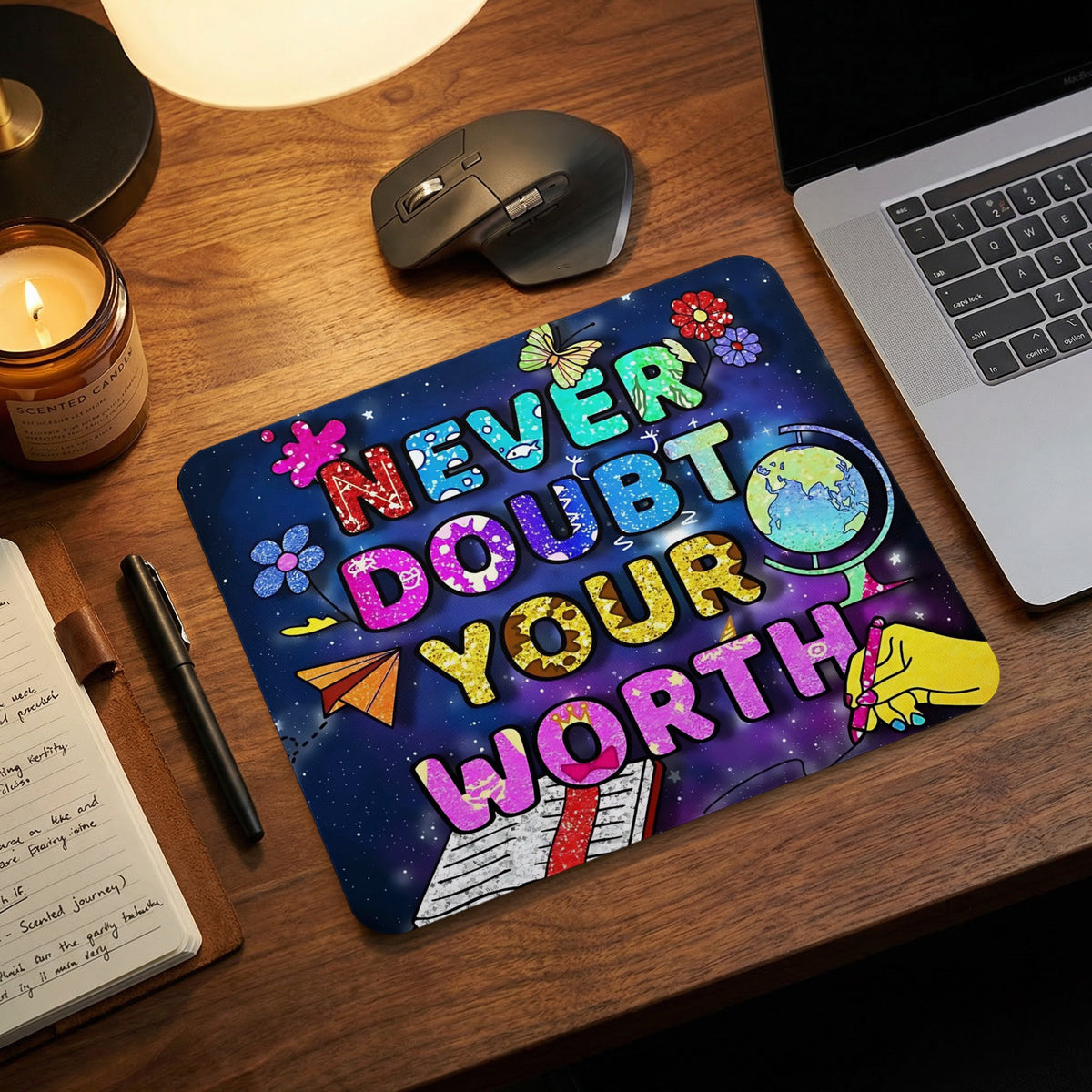 Mousepad with "Never Doubt Your Worth" text, galaxy, and art supplies.