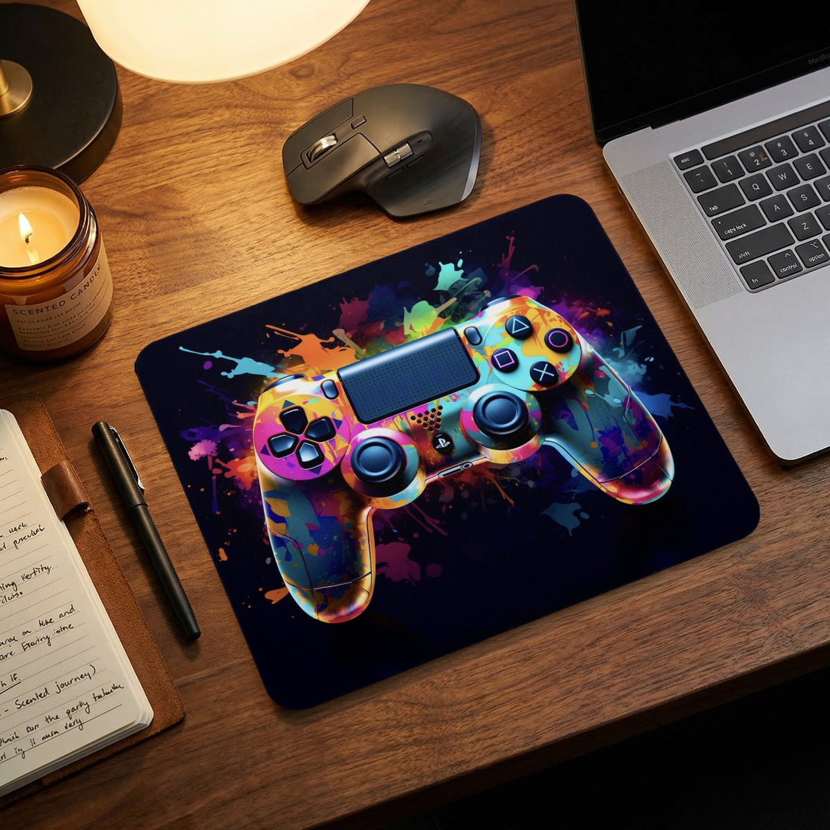 A rectangular mousepad featuring a colorful, abstract video game controller design on a wooden desk.