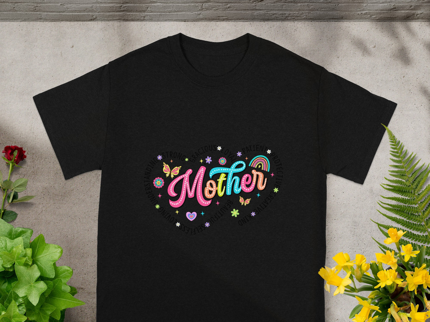 Colorful Mother Design T-shirt with Heart and Butterflies