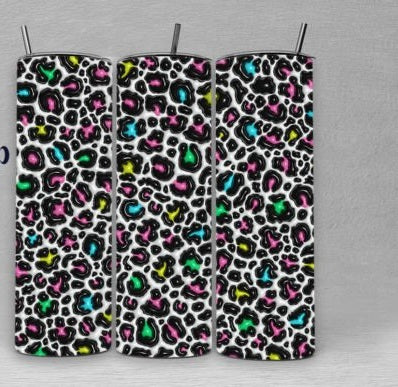 Black and White with Pink, Blue, Green, and Yellow Spots Leopard Tumbler