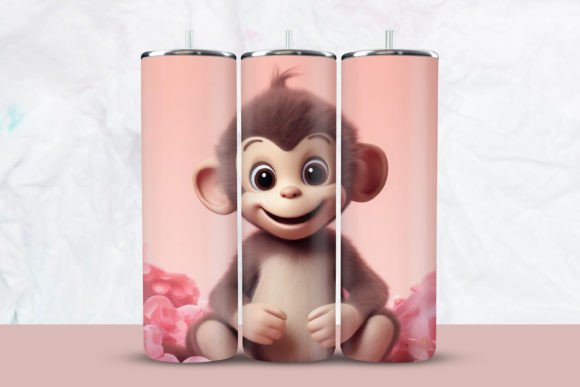 Baby Monkey pink background with flowers