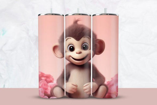 Baby Monkey pink background with flowers