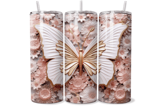 Vibrant white and Pink butterfly tumbler