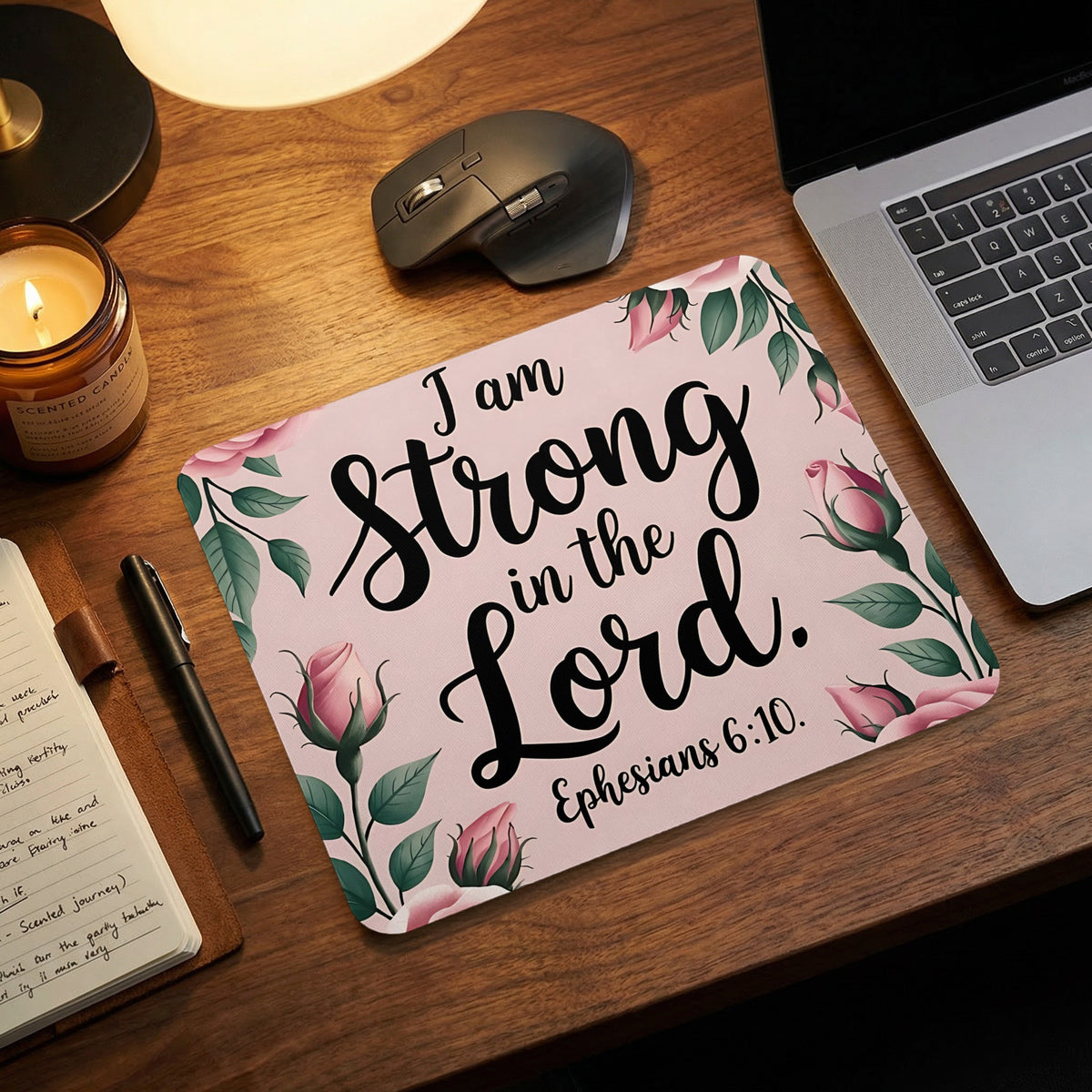 A pink desk mat decorated with roses and the text I am Strong in the Lord Ephesians 6:10.