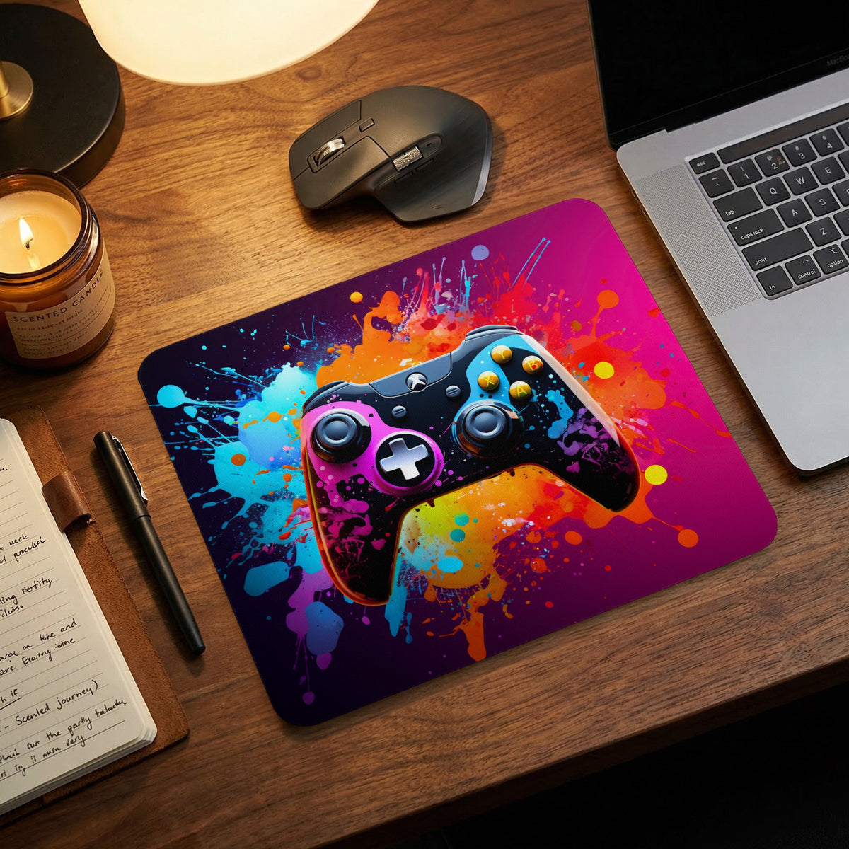 A rectangular mousepad featuring a colorful game controller graphic amid vibrant paint splashes on a wooden desk.