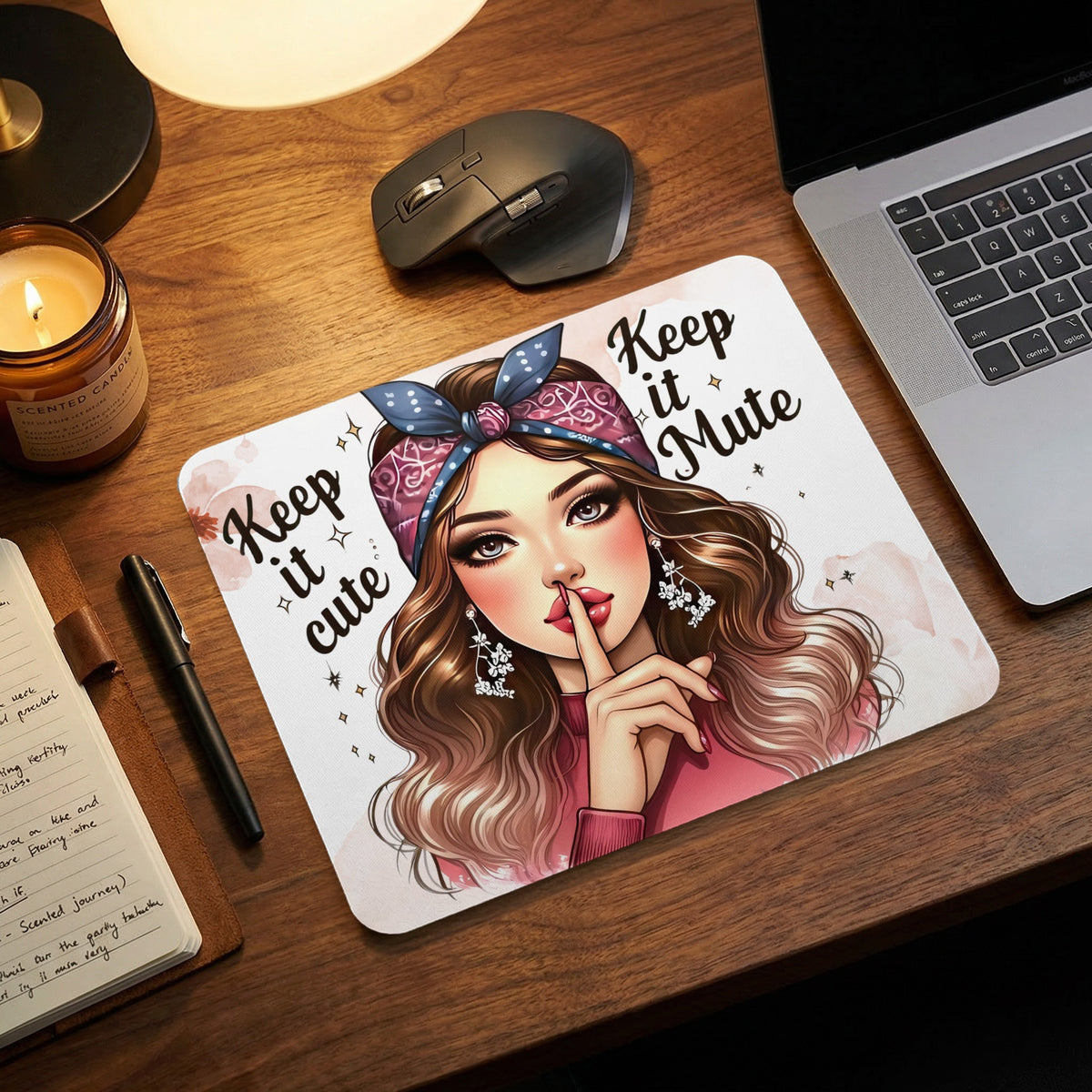 White mousepad featuring an illustrated woman making a shushing gesture and text reading Keep it cute Keep it mute.