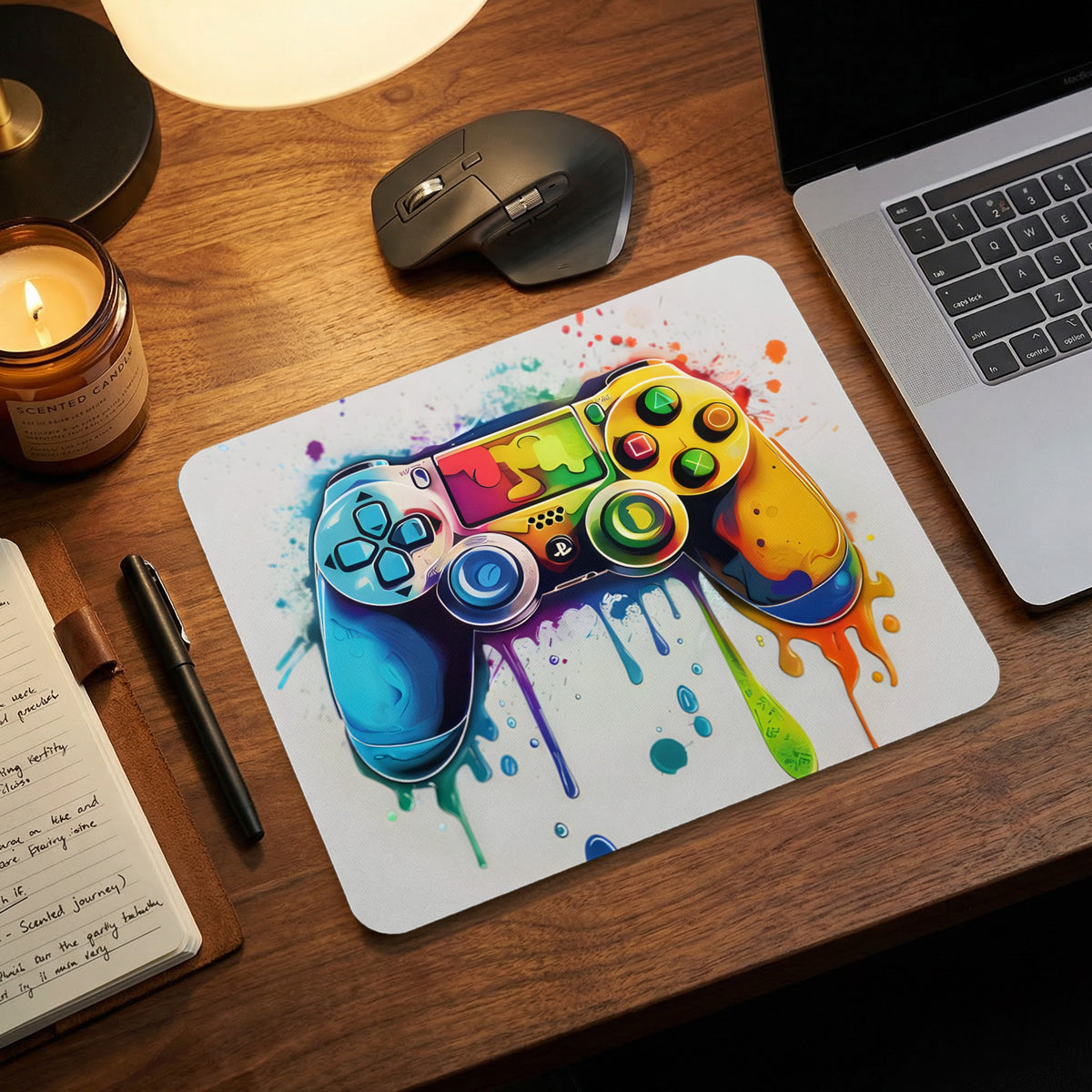 A rectangular mousepad featuring a vibrant watercolor gaming controller design sits on a wooden desk.