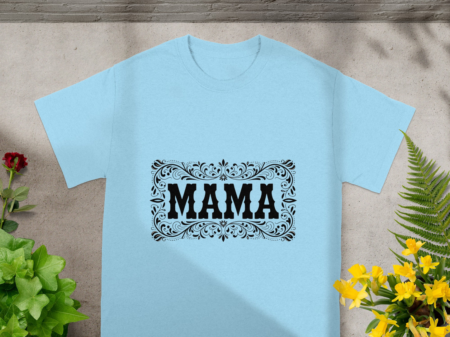 Blue T-Shirt with Decorative MAMA Design Graphic Tee