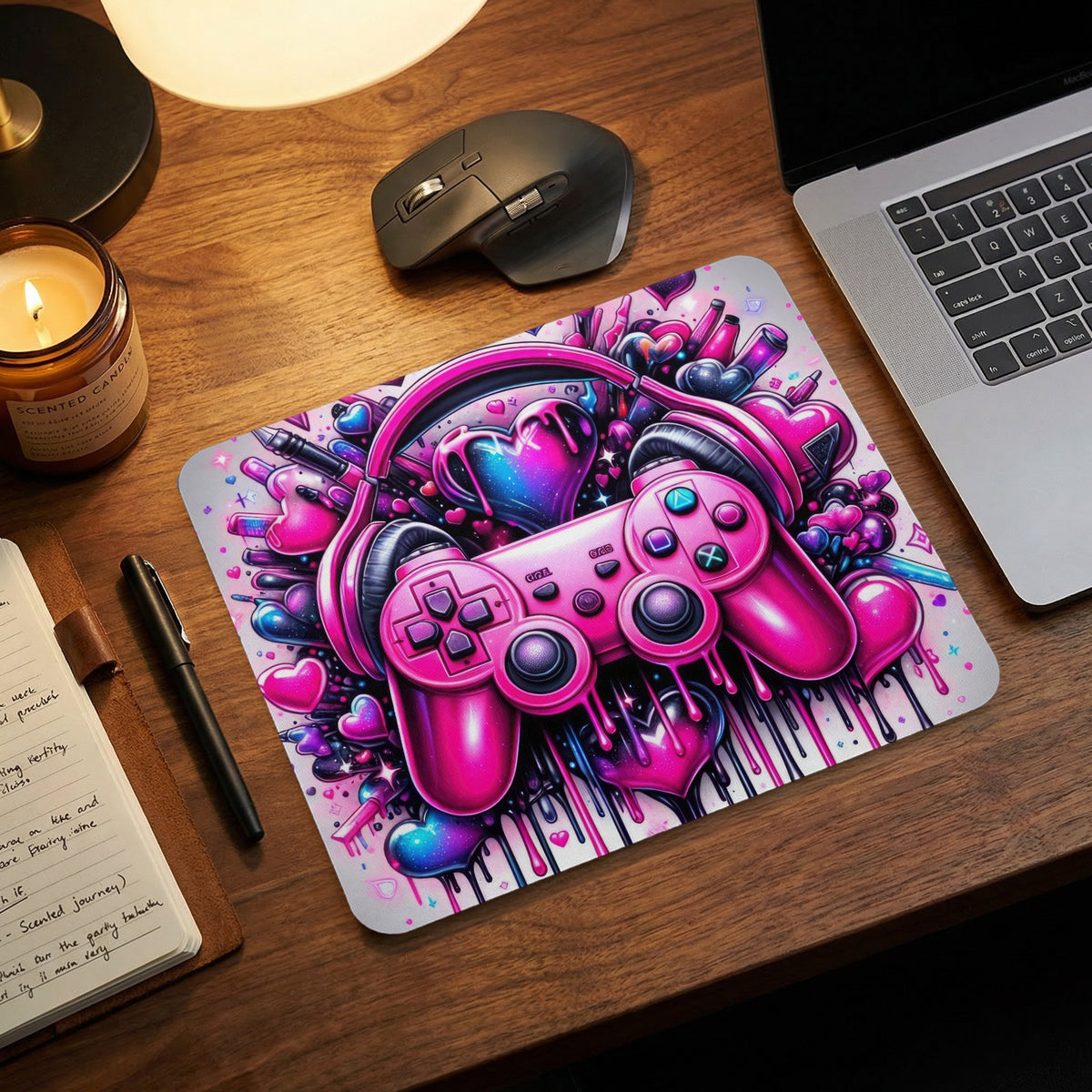 Pink gaming mouse pad featuring a vibrant controller and headphones design on a wooden desk.