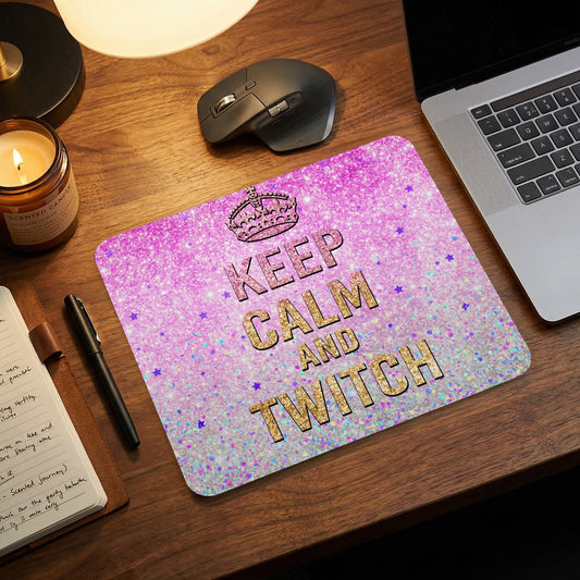 A pink and silver glitter mousepad featuring the text Keep Calm and Twitch on a wooden desk.