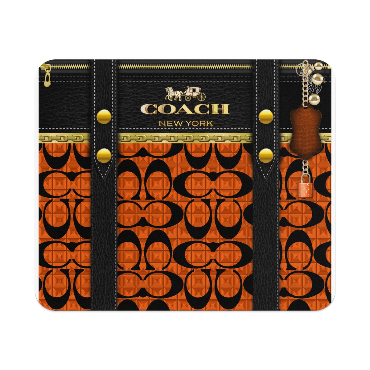 Coach New York black and orange signature pattern with keychain and lock.